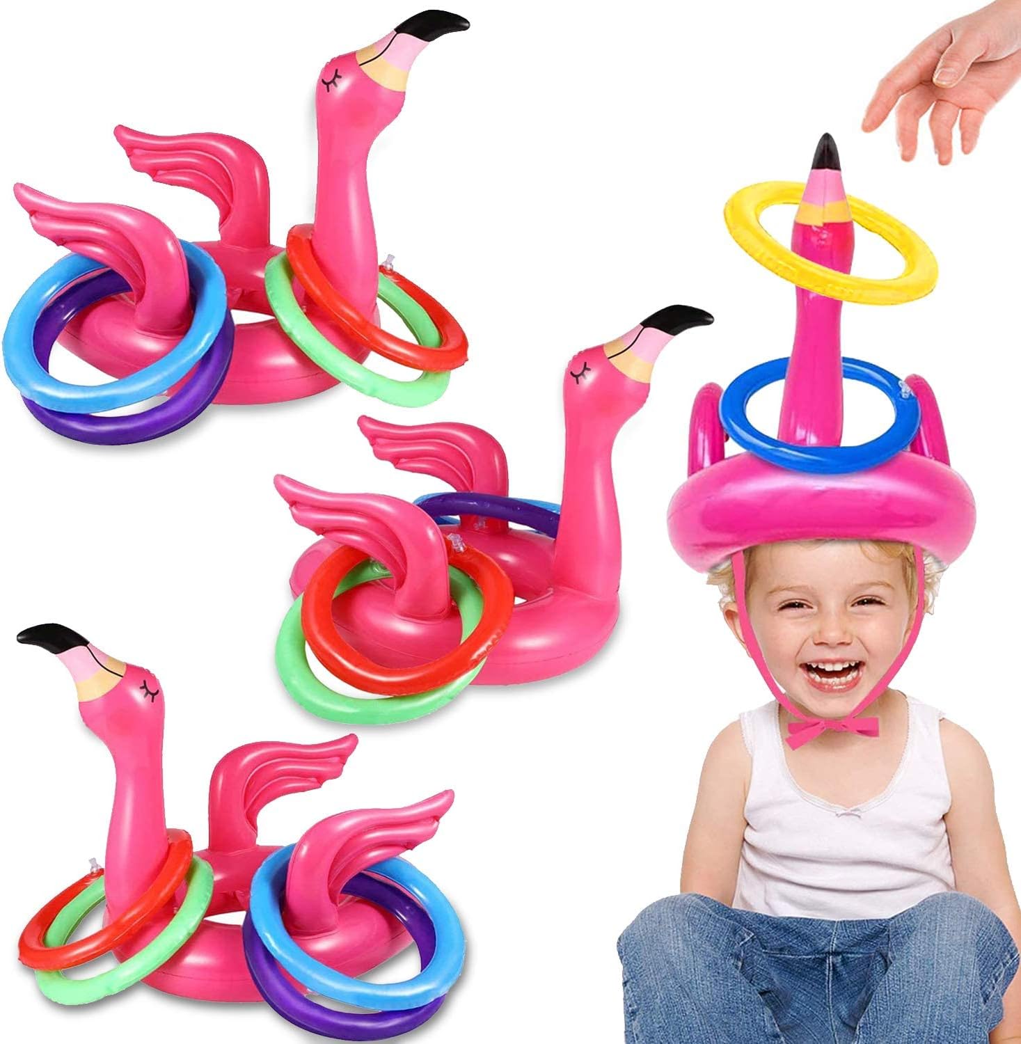 KOWVOWZ Inflatable Flamingo Pool Toys Ring Toss Game, 15Pcs, Pink PVC, Inflatable Flamingos and Rings, Carnival Outdoor Party Games