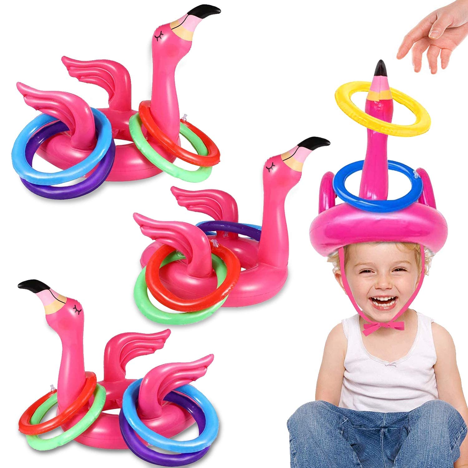 Inflatable Flamingo Pool Toys Ring Toss Game, 15Pcs, Pink PVC, Inflatable Flamingos and Rings, Carnival Outdoor Party Games