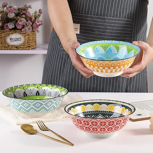 Miniatura 2 de Juego de 3 tazones de sopa de porcelana para ramen, juego de 3 cuencos de fideos para cocina, 35 onzas y 8 pulgadas, coloridos cuencos de cerámica