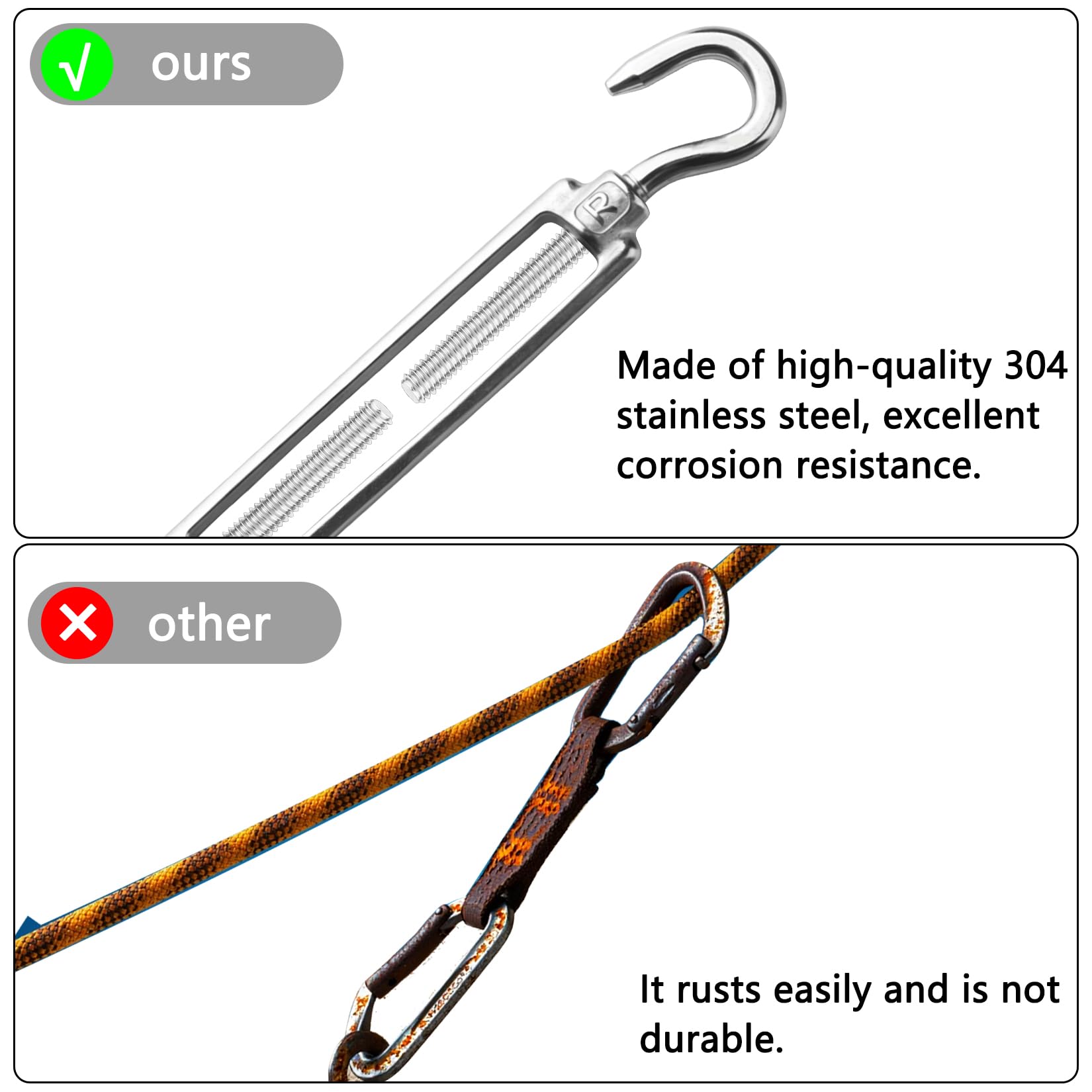 2er Set M6 Spannschloss 304 Edelstahl, Drahtseilspanner-Set mit 6 Klemmen, 6 Seilspannern, 10m Stahlseil & Presshülse für Zaun, Wäscheleine, Sonnensegel & Rankhilfe