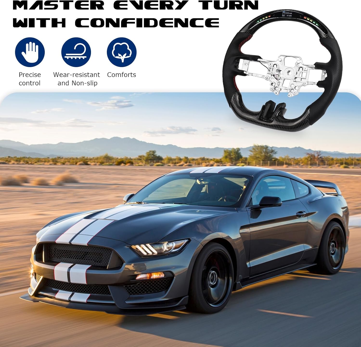 Real Carbon Fiber Steering Wheel For Mustang with LED Shift Indicator For Mustang EcoBoost/GT/Shelby GT350/GT350R 2018-2023 with LED Shift Indicator