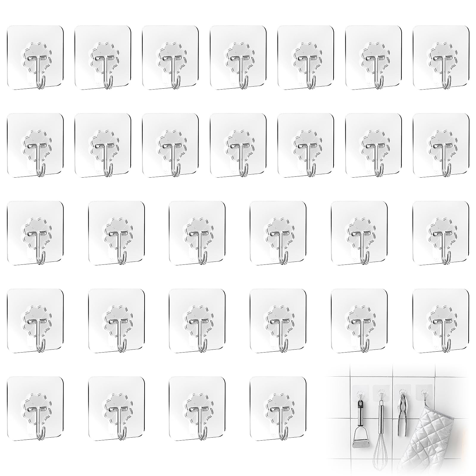 YEDOUALE Ganci adesivi extra forti 30 pezzi trasparenti – ganci a parete impermeabili e resistenti alle intemperie, rotazione 180°, capacità 5 kg, ideali per bagno cucina soggiorno esterno