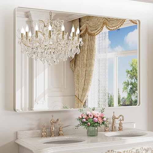 LOAAO 60x40 Inch Brushed Nickel Bathroom Mirror, Rounded Rectangle Silver Metal Frame Mirror, Brushed Nickel, Anti-Rust, Shatter Proof, Hangs Horizontally or Vertically