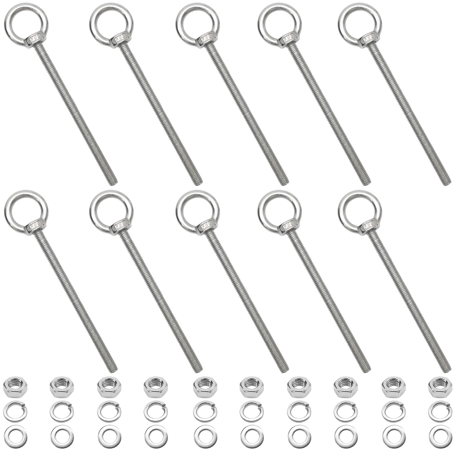 MospdyGear 10PCS M8x120mm Stainless Steel Shoulder Lifting Eye Bolts, with Nuts and Washers, Ideal for Lifting and Securing Applications in Various Environments