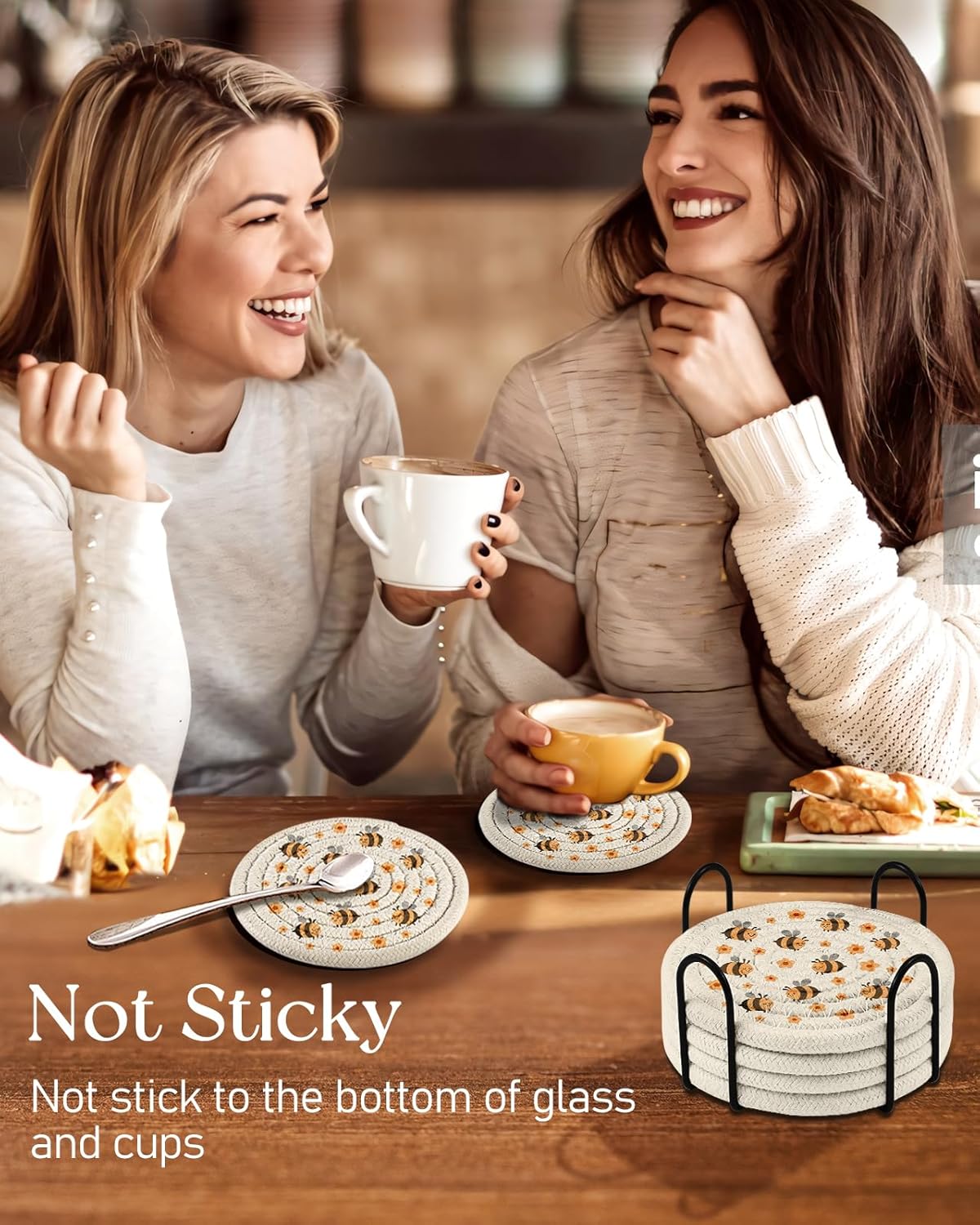 Drink Coasters Set of 6 - Cup Absorbent Coasters for Drinks Coffee Table Home Office Desk Decor Soft Woven Cotton Cloth Braided Fabric Drinking Cup Mat with Holder Cute Kawaii Bee - Image 6