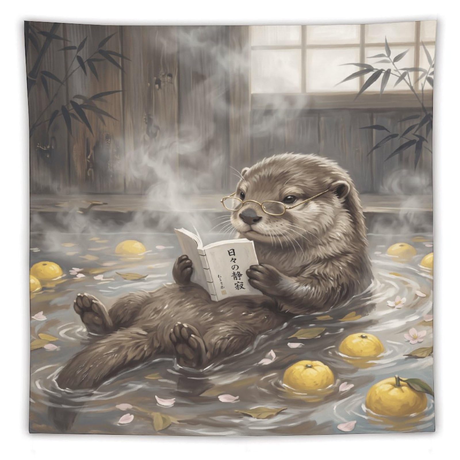 W7C8U2X3 Reading Otter Lemon Bath Wall Tapestry, Realistic Illustration