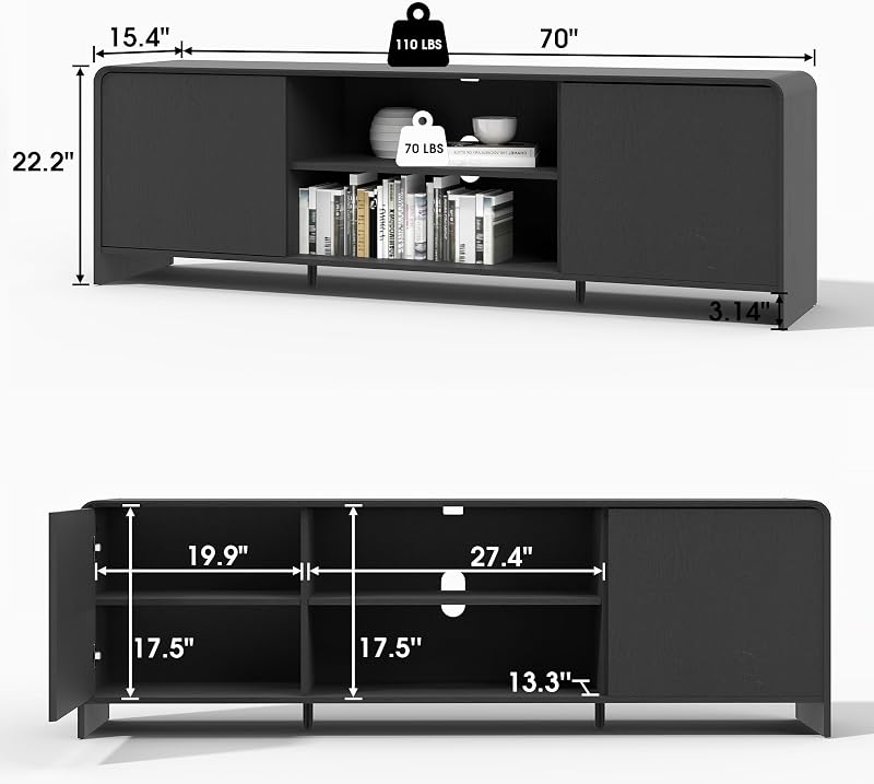 Bevfint Modern TV Stand for 80 Inch TVs, Sleek Entertainment Center for Next-Gen Gaming & Social Parties, Black Media Console Cabinet with Storage & Rounded Arc Design - Classic Black image 6