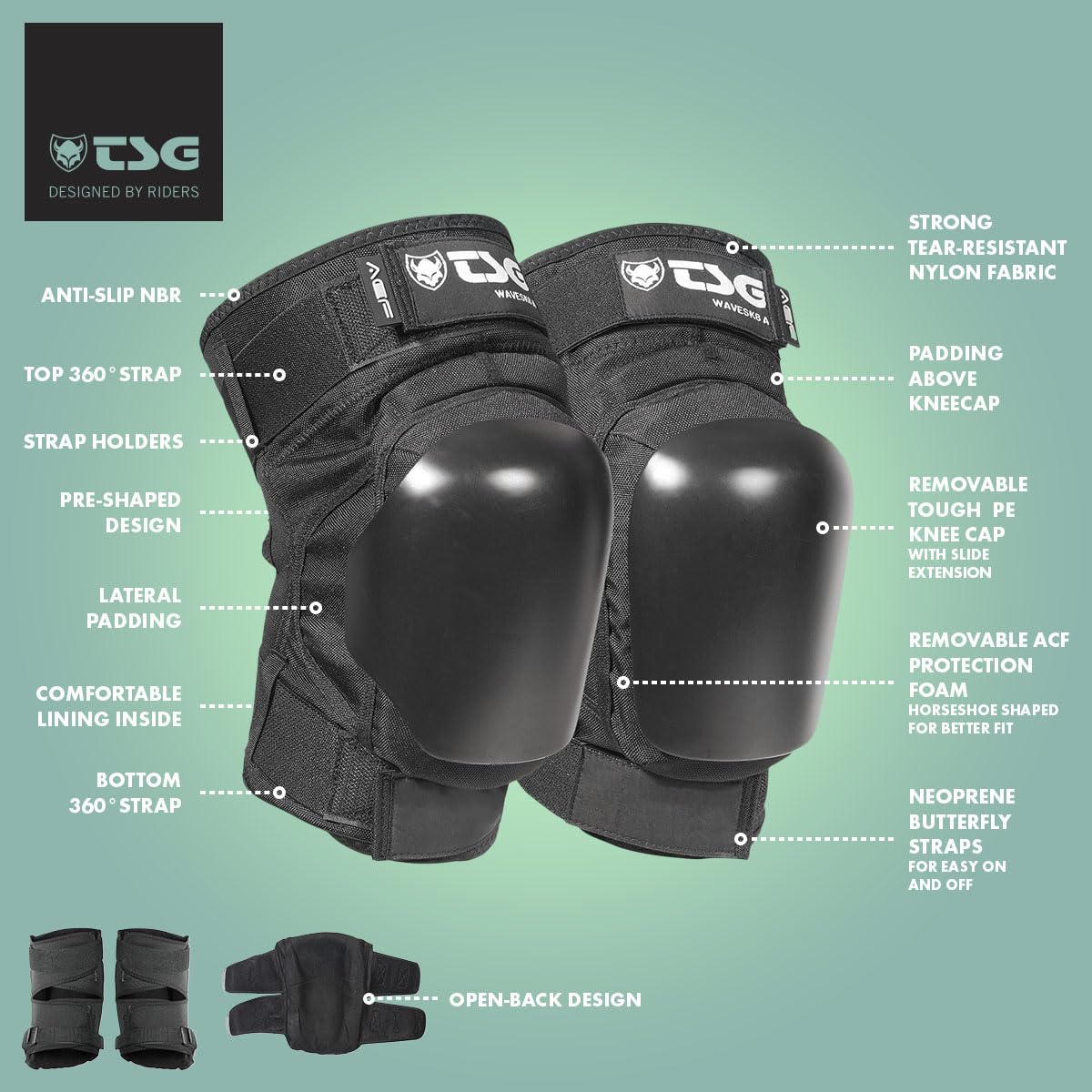 TSG Wavesk8 A Rodillera - Surf, protección de rodilla de patín, rígida, extraíble ACF, acolchado lateral, forro NBR antideslizante, nailon resistente al desgarro, correas de velcro, puños antideslizantes, preformados, espalda abierta, negro