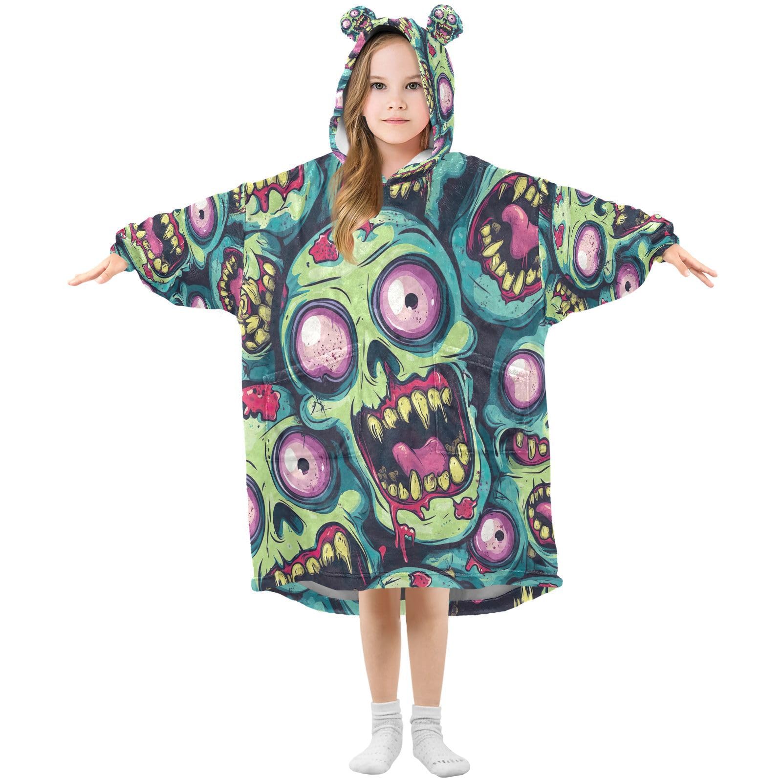 Joisal Creepy Green Zombies Kids Wearable Blanket Warm Oversized Hoodie Gifts for Christmas, Toddler Sweatshirts with Sleeves