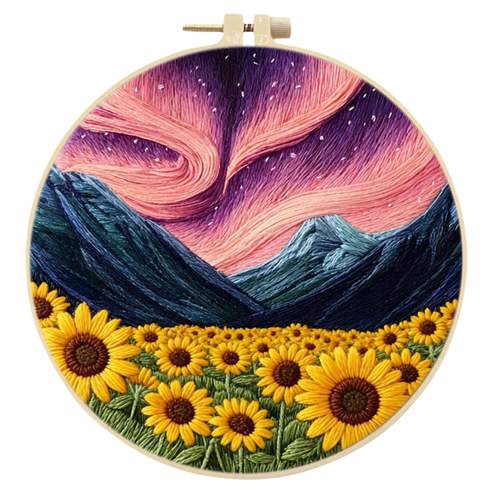 Embroidery Kit for Beginners, Stamped Cross Stitch Kits with Hoop, Threads, Needles &Tools, DIY Needlework Starter Set and Craft Gift for Adults 29 * 29CM(Aurora and Sunflowers)