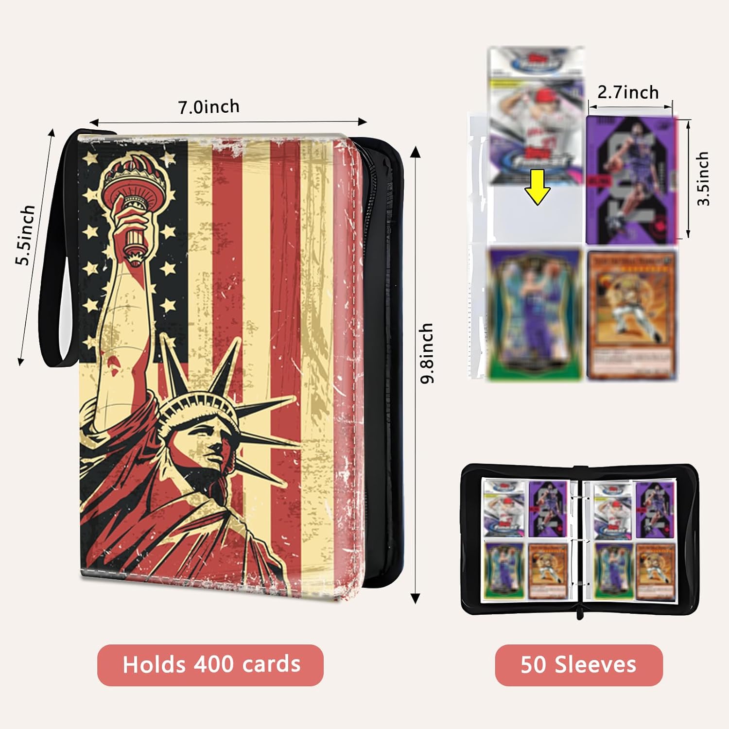 Trading Card Binder, 4 Pockets 400 Card Holder Collector Album with 50 Removable Sleeves, Portable Trading Collection Album for photocard kpop mtg/TCG Game Football Sports Cards, Statue Liberty
