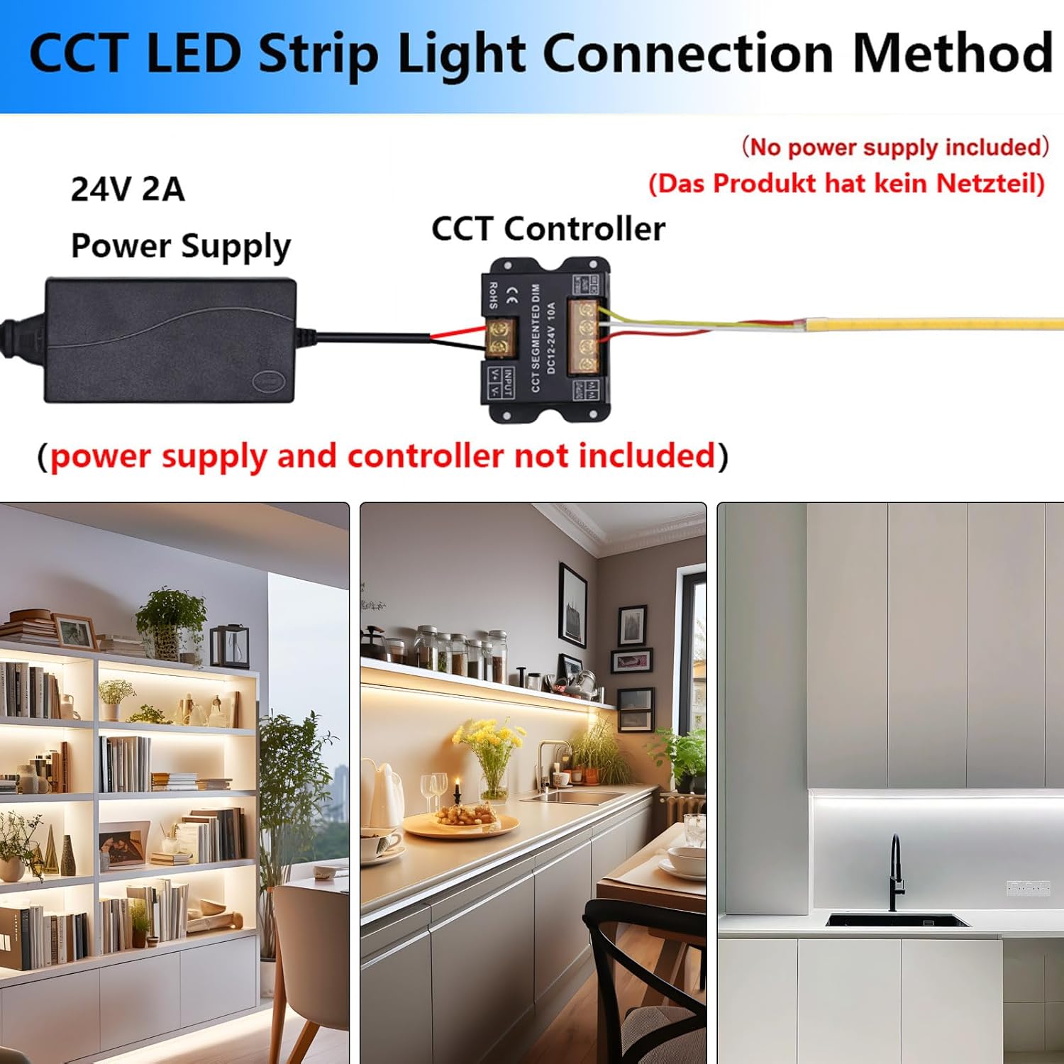 TOPAI 5mm Ultra Thin 24V COB LED Strip CCT Dimmable White 2700-6500K CRI>90+ Dotless 16.4ft 608LEDs/M High Density Cuttable Flexible Self Adhesive for Cabinet Home DIY Lighting