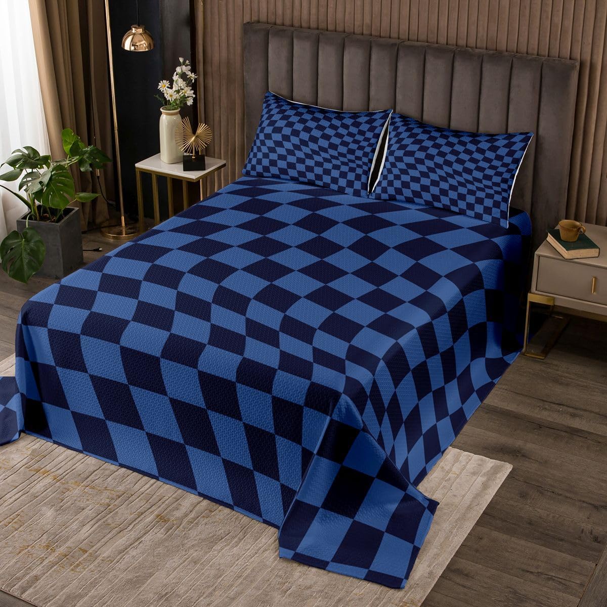Castle Fairy Dark Navy Blue Plaid Bedspread Queen Size,Checkered Grid Quilt Sets 3Pcs for Kids Teens Youth Room Decor,Checkered Grid Bedding Sets Modern Down Comforter,2 Pillowcases