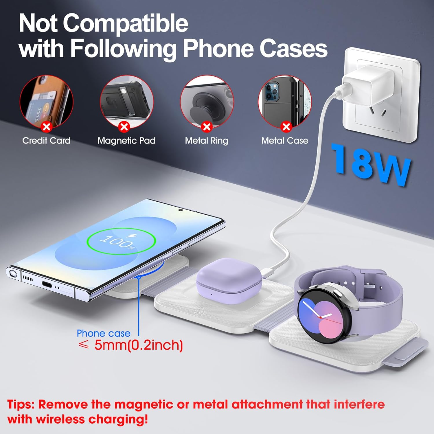 Foldable 3 in 1 Wireless Charger for Samsung Multiple Devices, Travel Wireless Charging Station/Stand for Galaxy S25 Ultra/S24/Z Fold Flip 6/5, Charger Dock Stand for Samsung Watch 8, Buds Pro3（White） - Image 6