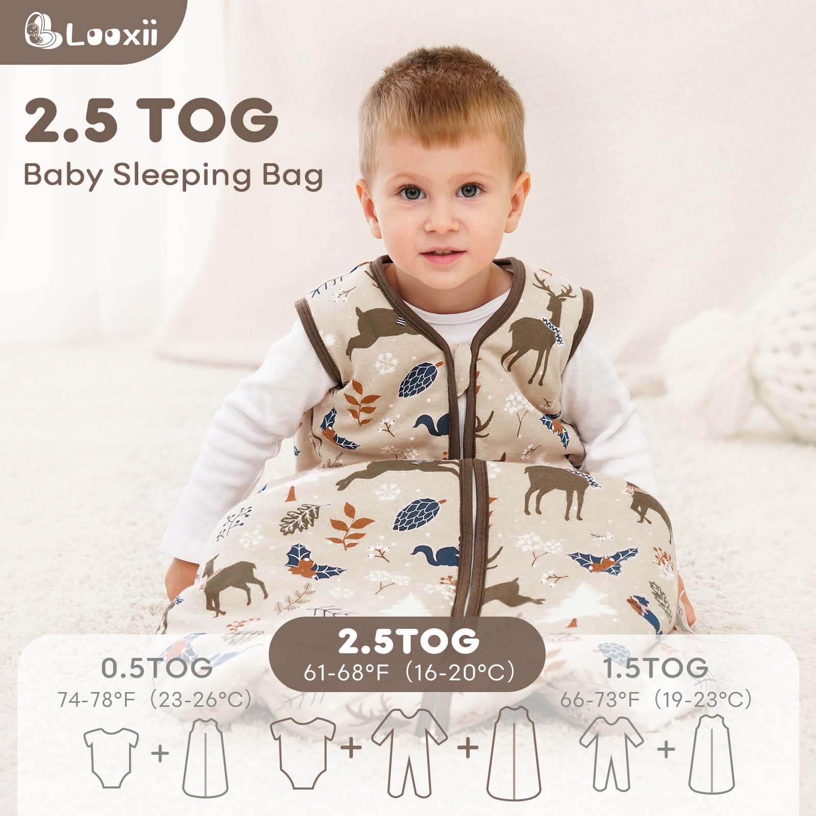Looxii Baby Sleeping Bag 2.5 Tog 12-18 Months Winter Baby Sleep Sack 100% Cotton Soft Warm Wearable Blanket for Newborn Infant Toddler Brown Elk - Image 2