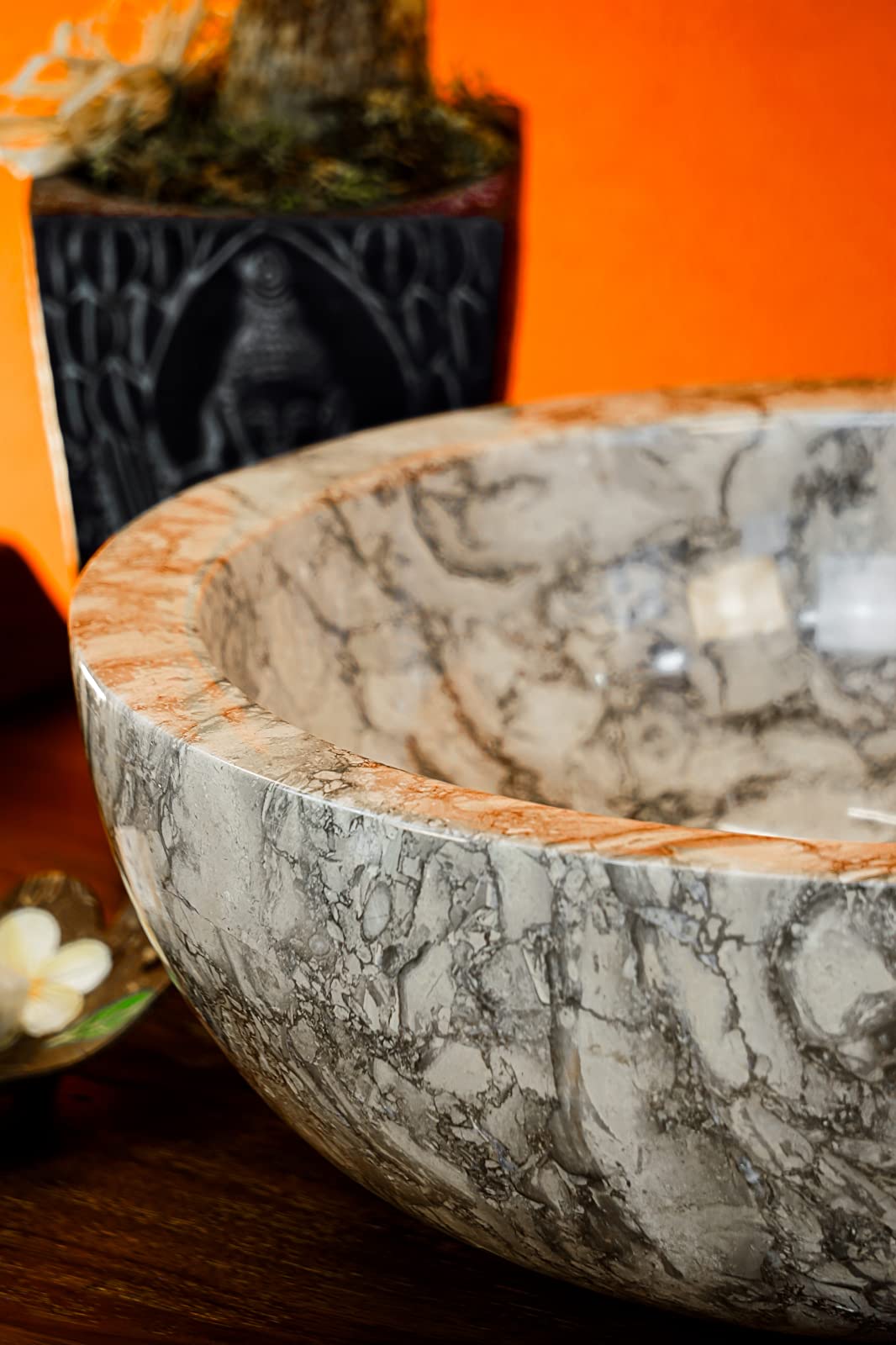 Kinaree Lavabo de piedra natural de mármol, accesorio para lavabo, en 2 tamaños, mármol claro y oscuro en degradado liso pulido (30 cm de diámetro)