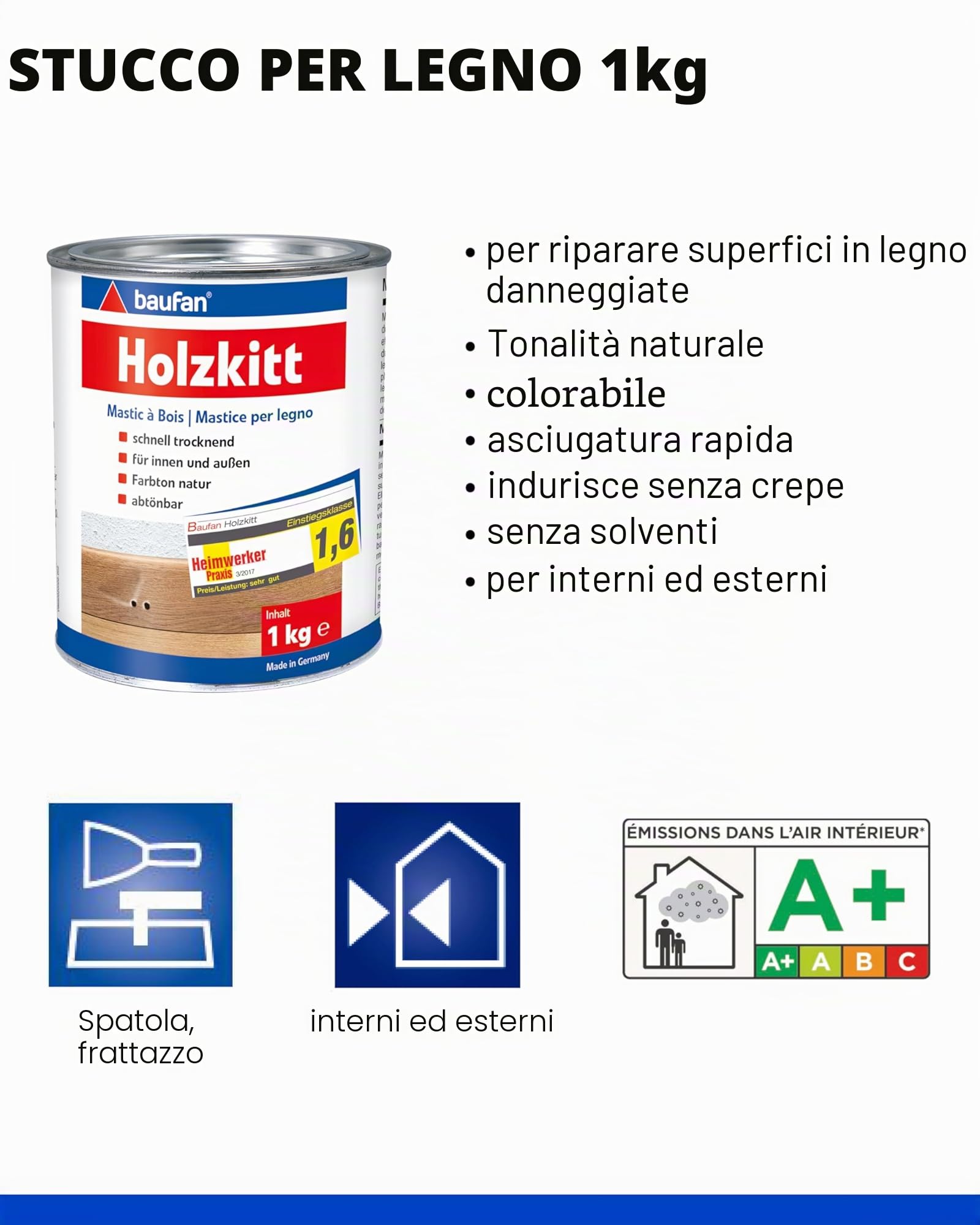 Baufan Stucco per legno 1kg | per interni ed esterni | colore naturale | tingibile | asciugatura rapida | senza solventi