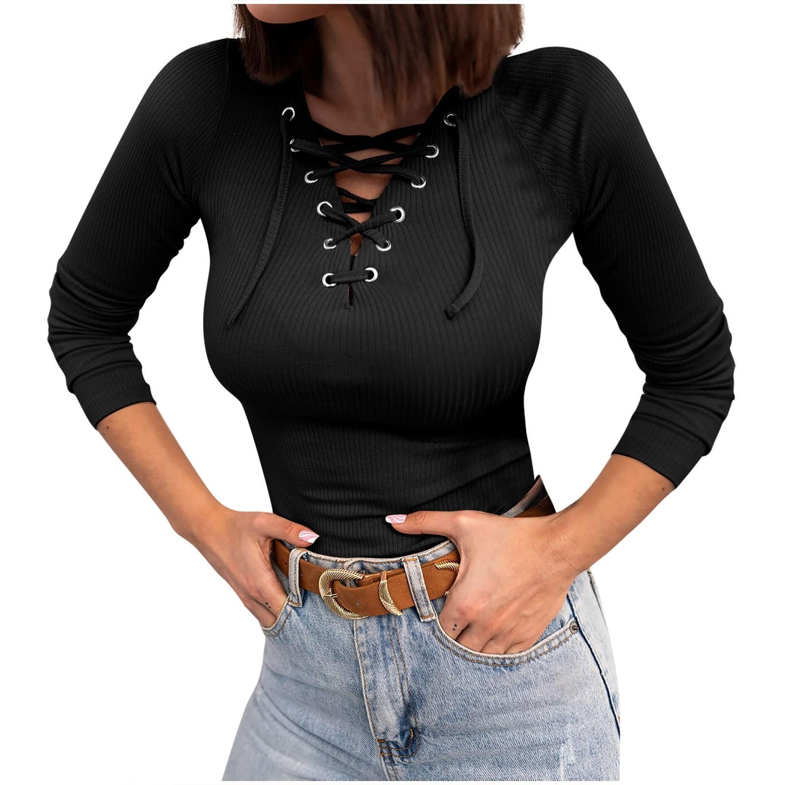 Top da Donna con Lacci sul Davanti Camicetta Sexy con Scollo a V e Coulisse T-Shirt Slim Tinta Unita