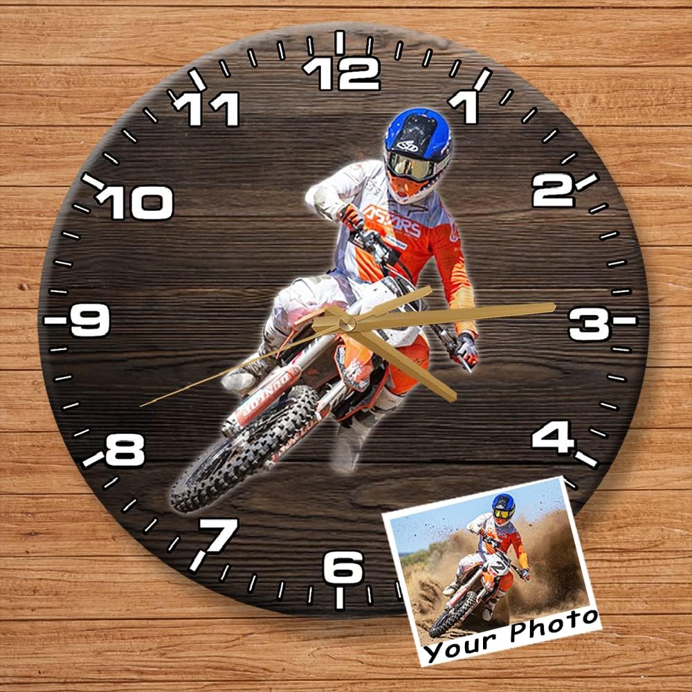 Custom Motocross Room Decor Wall Clock - Personalized 12 Inch Wooden Dirt Bike Picture Clock - Silent MX Rider Gift for Kids Room, Bedroom, Garage, Man Cave