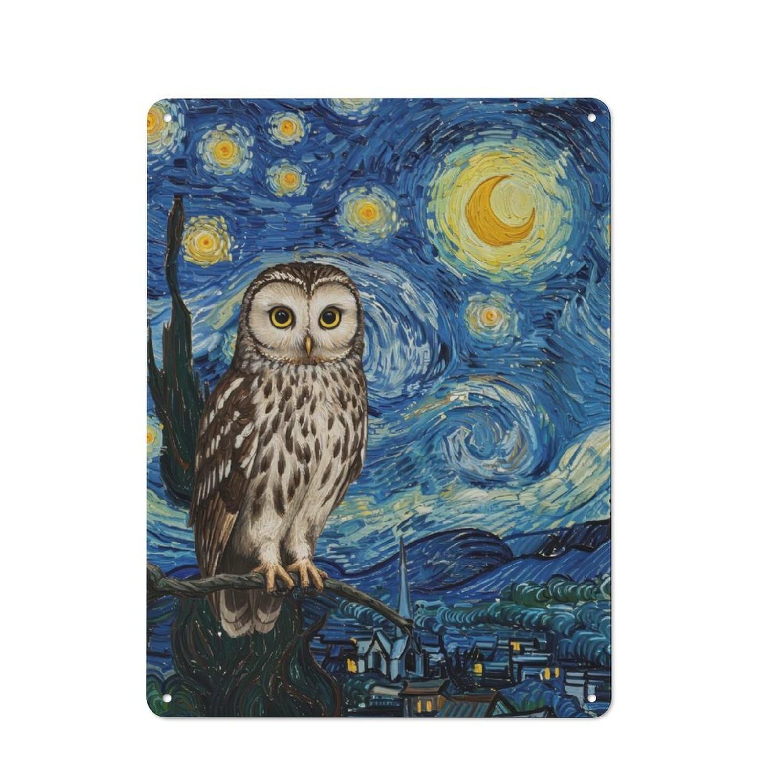 Junmoney Owl In Starry Night Style Metal Wall Sign 40X30cm Featuring For Hallway Wall, For Kitchen, Dining Room And Home Bar Wall Decor