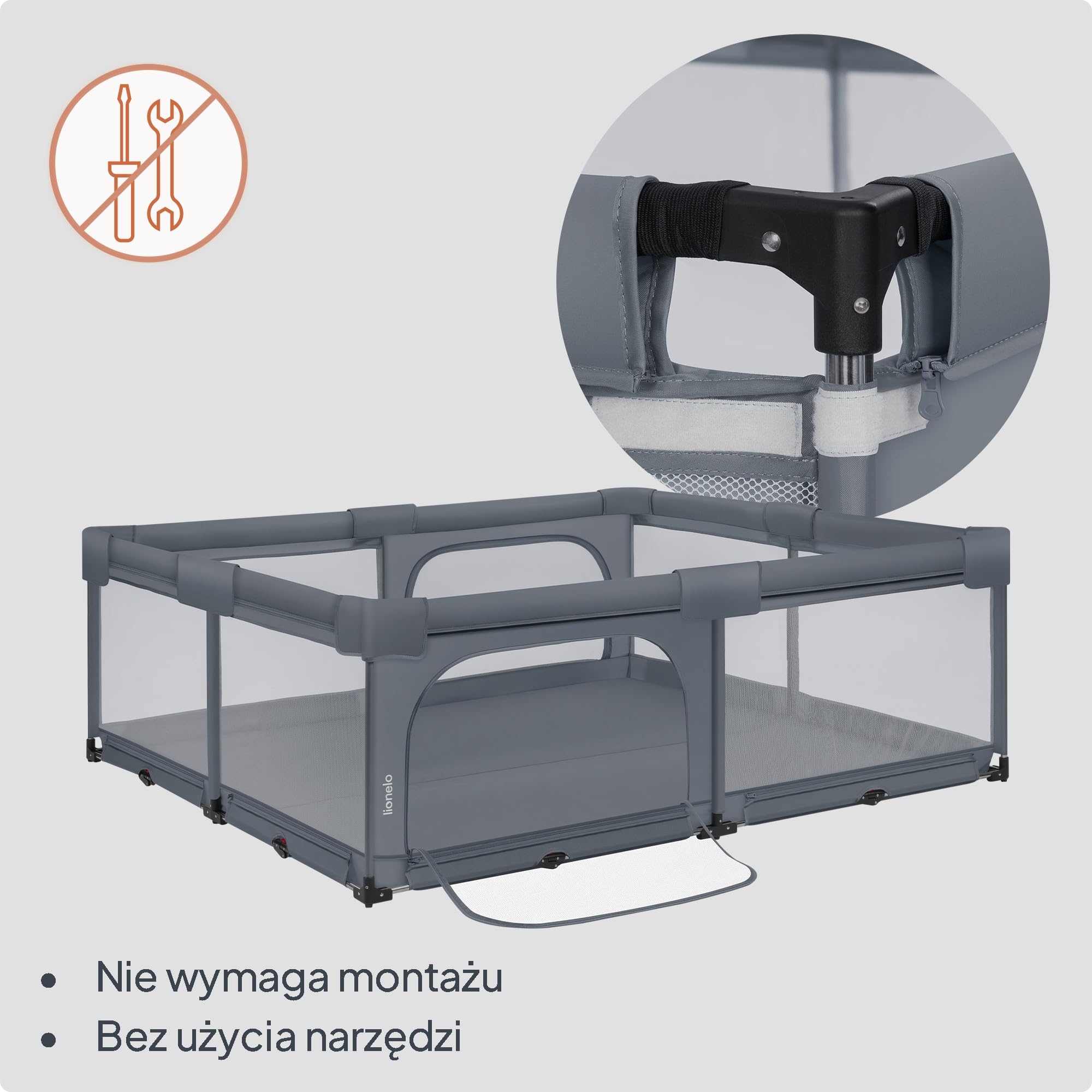 Lionelo Florence XL Easy Fold Kojec dla niemowląt, 180 x 200 cm, składany kojec dla niemowląt, bez montażu, 2 wejścia boczne z zamkiem błyskawicznym, oddychająca siatka, miękkie krawędzie, torba