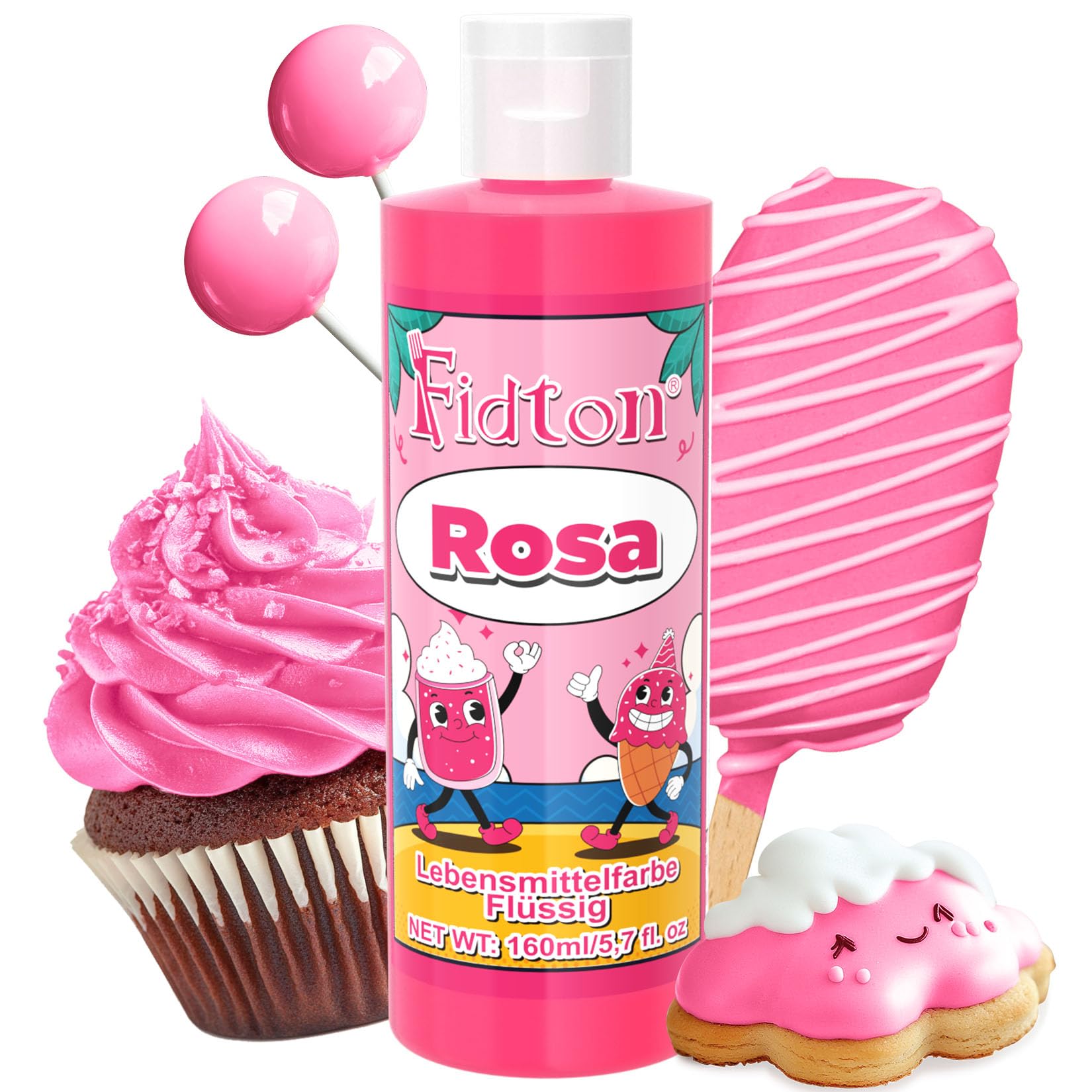 Lebensmittelfarbe Flüssig 160 ml - Fidton Große Kapazität Hochkonzentrierte Food Coloring für Tortendekoration, Flüssige Lebensmittelfarbe für Fondant, Makronen, Donuts, Muffins - Rosa