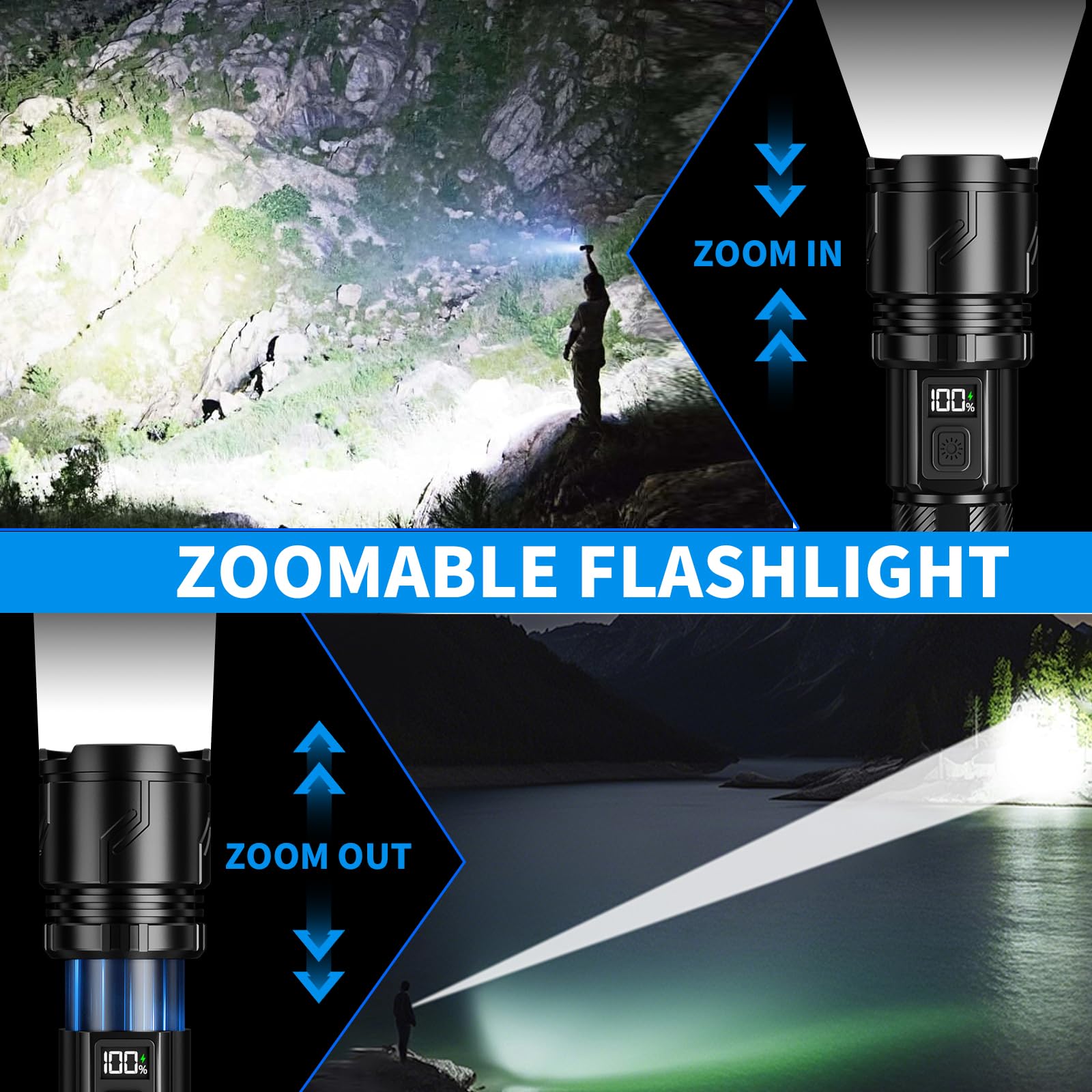Hriovs Rechargeable LED Flashlight 990000 High Lumens, Super Bright Flashlights with Zoomable & USB Rechargeable & 4 Light Mode & IPX7 Waterproof, Powerful Flash Light for Home, Camping(2 Pack) - 4