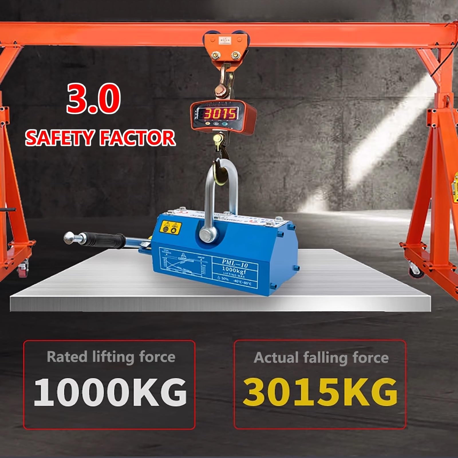Trwały magnes podnoszący, do podnoszenia, stal, okrągła stal, współczynnik bezpieczeństwa 3.0 z mechanizmem zwalniającym i suwakiem zabezpieczającym (100 kg)