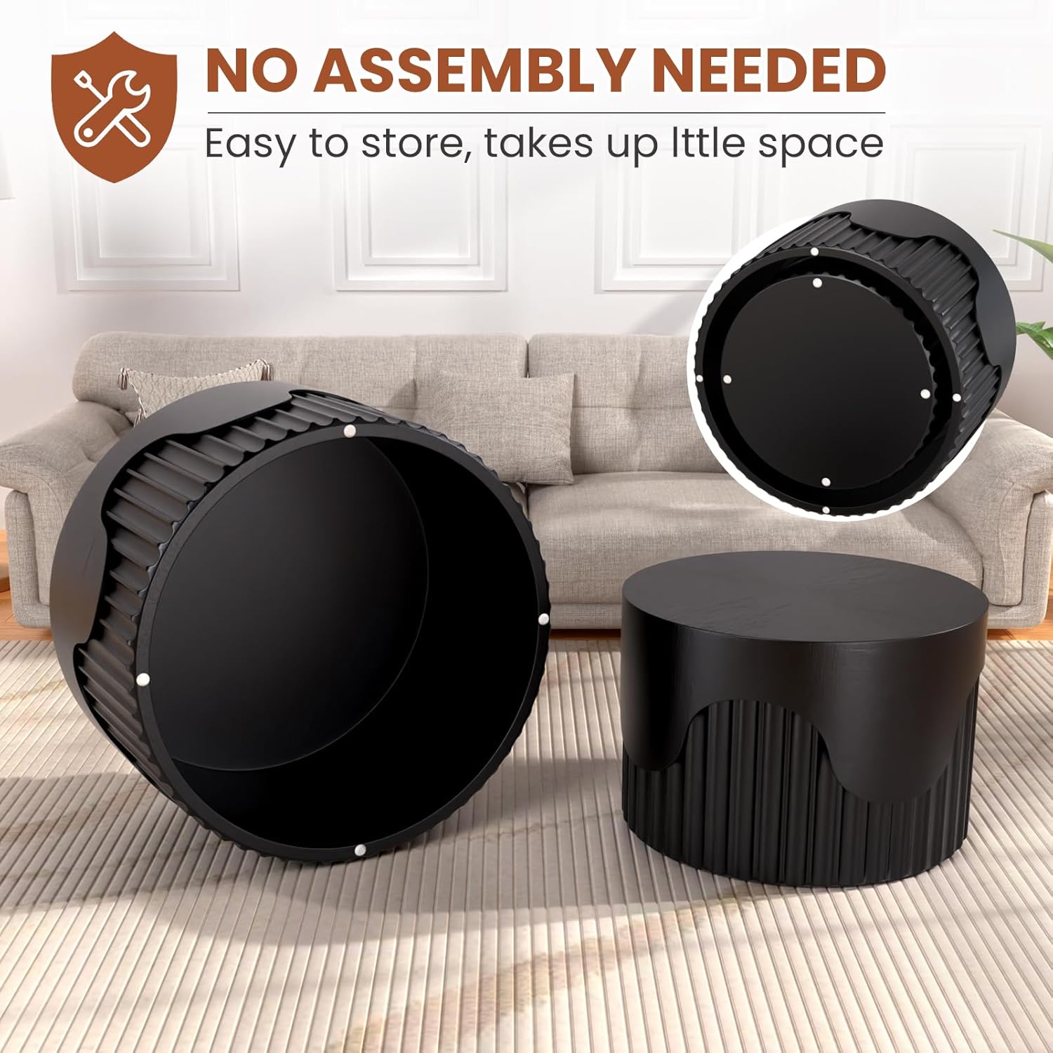 Fluted Round Coffee Table Set of 2, Modern Wood Nesting Coffee Tables, Unique End Tables Set Accent Furniture for Living Room, Bedroom, Small Spaces (26.77"+19.69" Black)