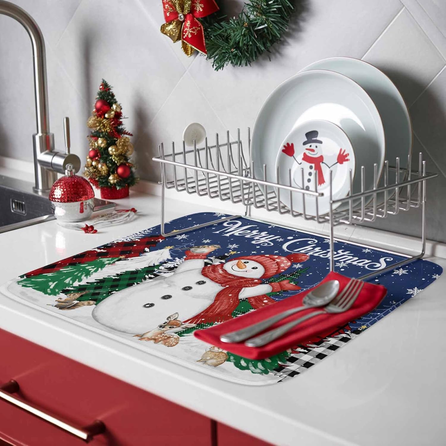 Merry Christmas Words on Navy Blue Dish Drying Mats for Kitchen Counter,Absorbent Microfiber Dish Drainer Rack Mat Xmas Trees Snowman Drying Pad for Sinks,Utensils,Countertops,18x24in