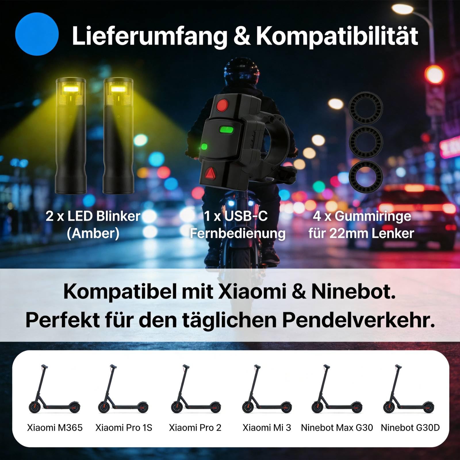 Kabelloses Blinkerset für Elektroroller für Xiaomi M365/Pro 1S/Pro 2/Mi3 für Ninebot Max G30/G30D, RGB-LED-Licht,Sicherheitsreparaturaufgabe mit Fernbedienung für 22-mm-Lenker