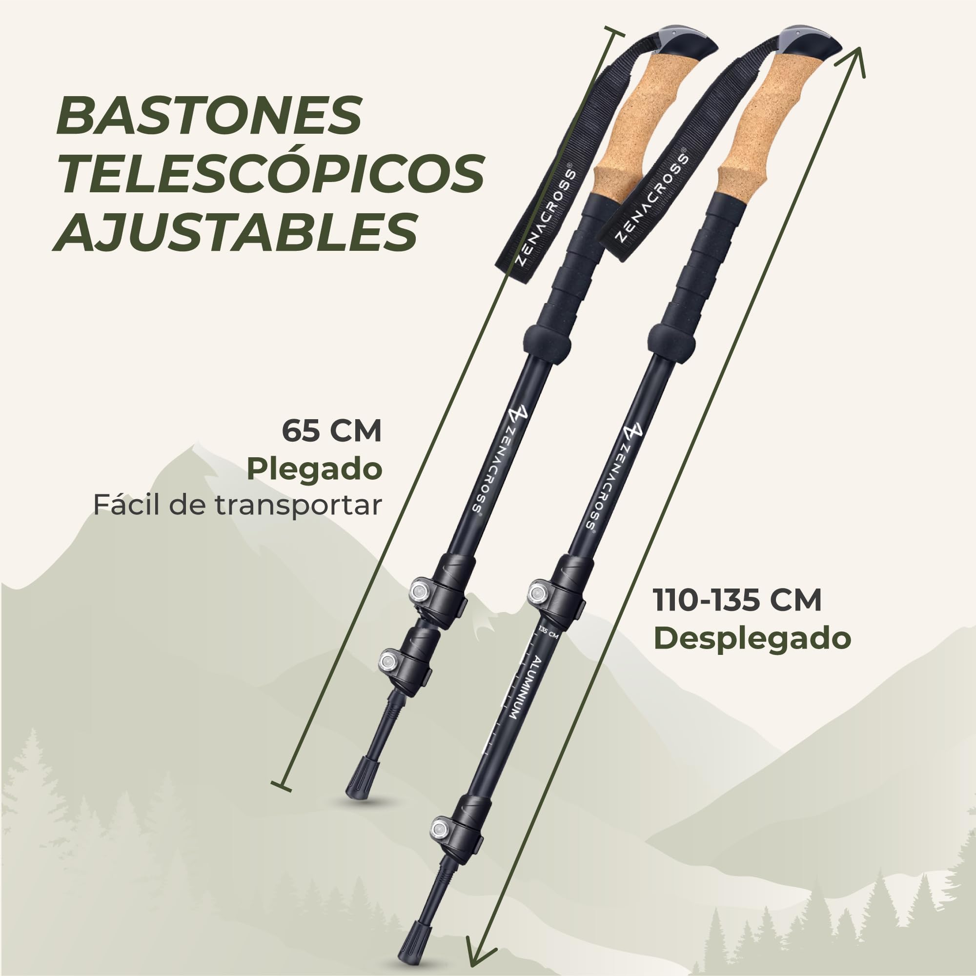 Bastones Trekking Telescópicos Carbono o Aluminio - Bastones Senderismo para Hombre y Mujer, Ultraligeros - Palos Senderismo con Mango de Corcho Natural