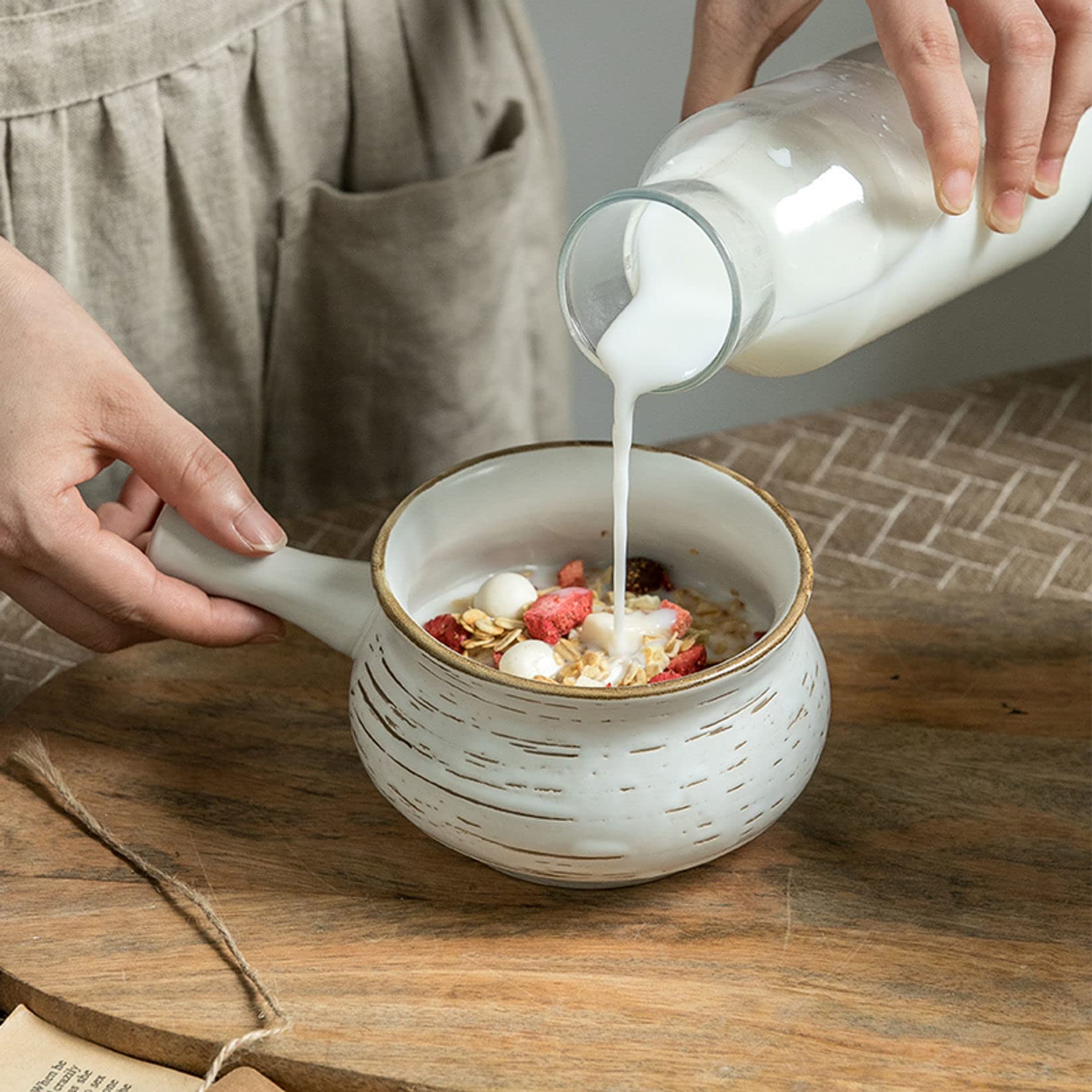 Tazón de sopa, tazón de arroz, Taza de porcelana for sopa de cebolla con asa, cuencos anchos de cerámica for sopa, taza grande de desayuno de cereales y avena for dormitorio, oficina, hogar, blanco-B