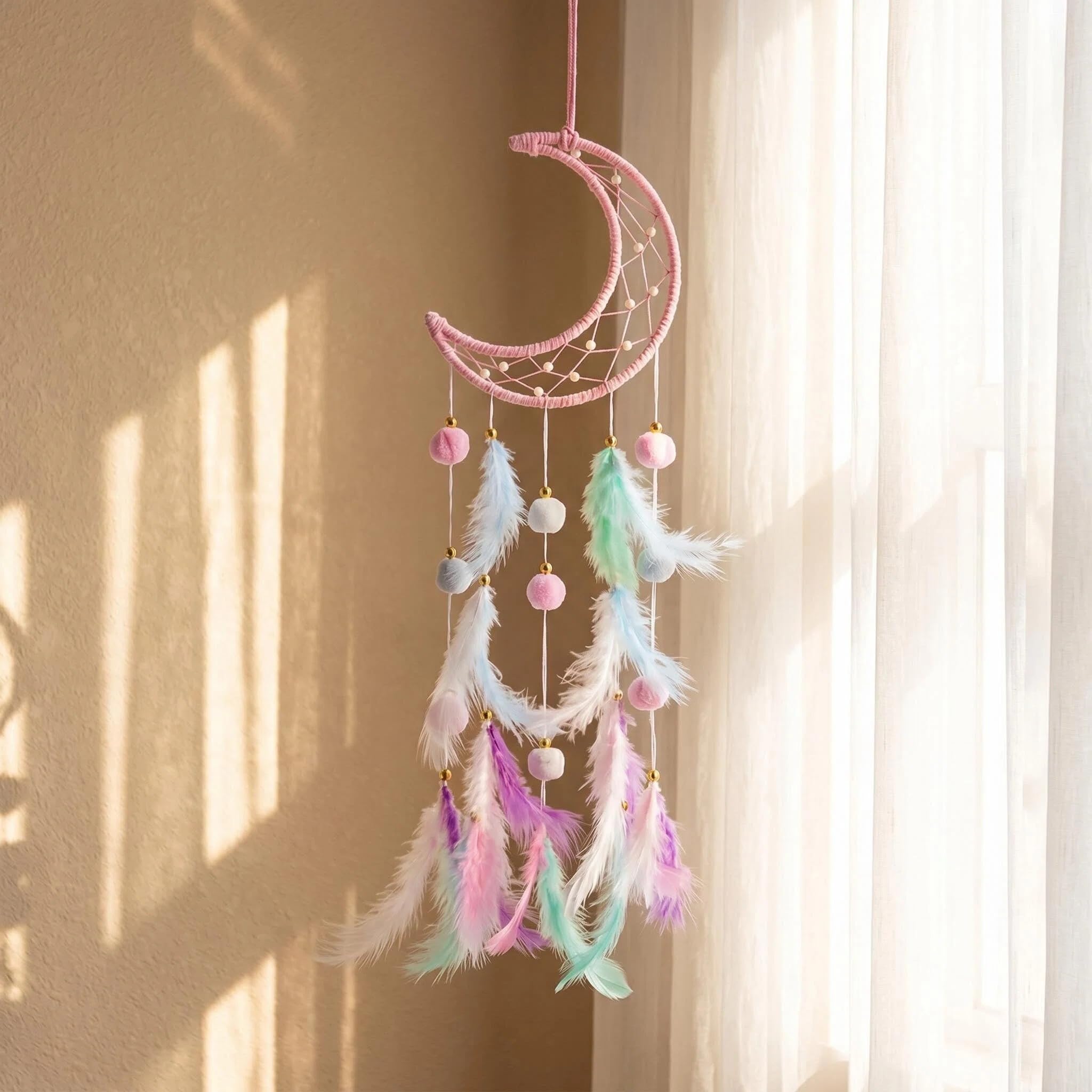 Pink Moon Dream Catcher, Handmade Boho Dreamcatcher - Wall Hanging Woven Macrame Tapestry With Pastel Feathers, Romantic Gift for Wedding Party Decor Birthday Anniversary, Creative Gift for Girls