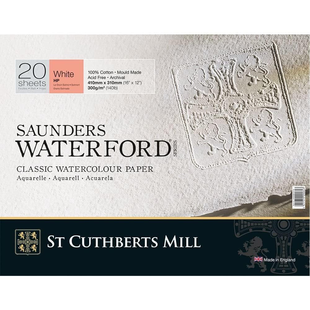 St Cuthberts Saunders Waterford Hot Pressed Block White 300gsm 410 x 310mm, 20 Sheets, Professional Watercolour Paper