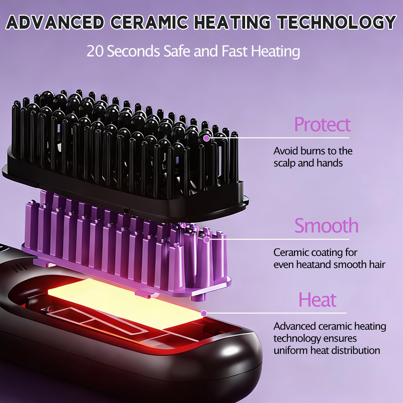 Cepillo Alisador de Pelo Inalámbrico, Cepillo de Pelo con Iones Negativos, con pantalla LED, Recarga USB, 3 niveles de temperatura para cabello liso, rizado y seco, compacto y portátil (Negro)