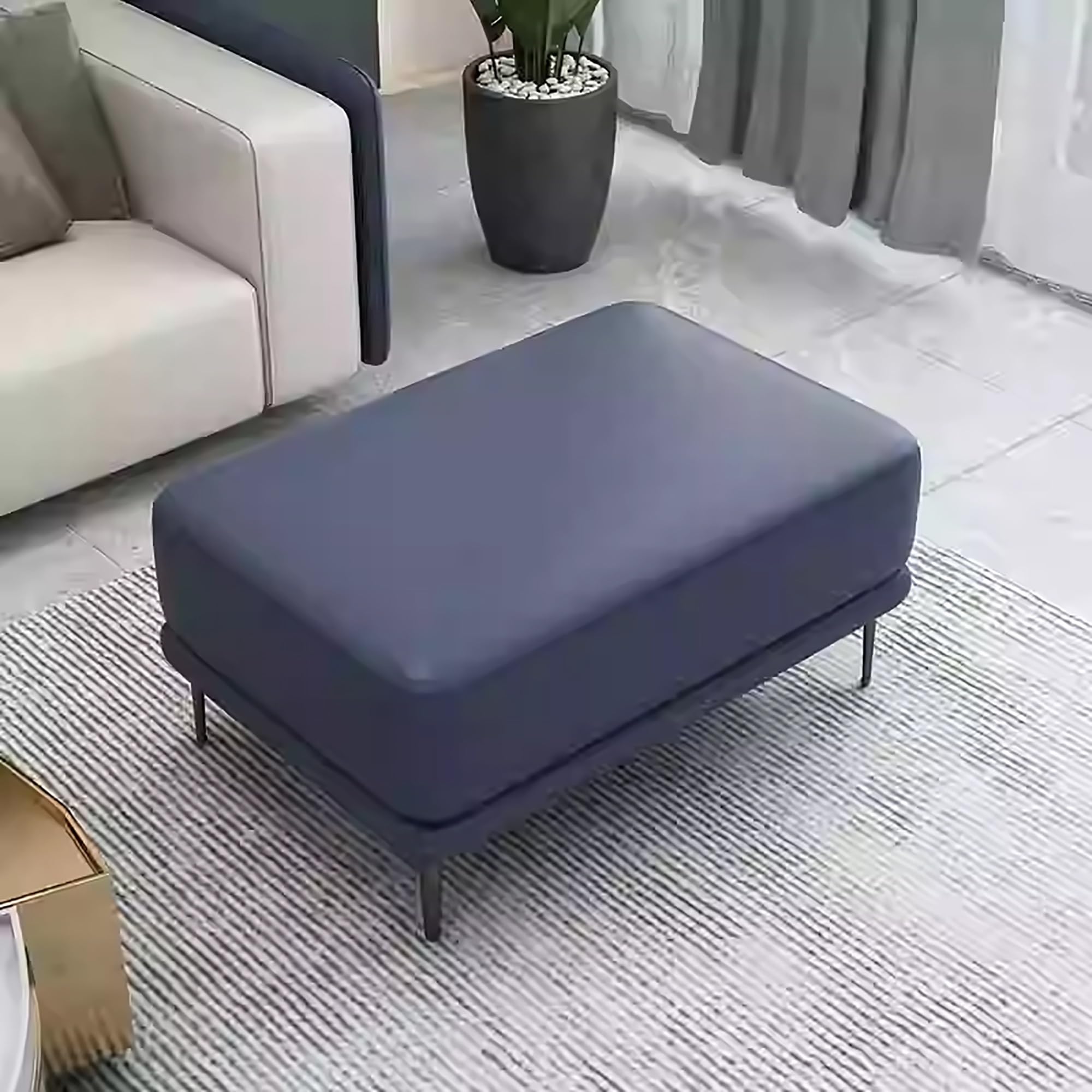 LMMIAOZ Blue Leather Foot Rest Bench for Living Room Large Square Upholstered Pouffe Footstool with Shoe Change Stool Feature (100x60x42cm)