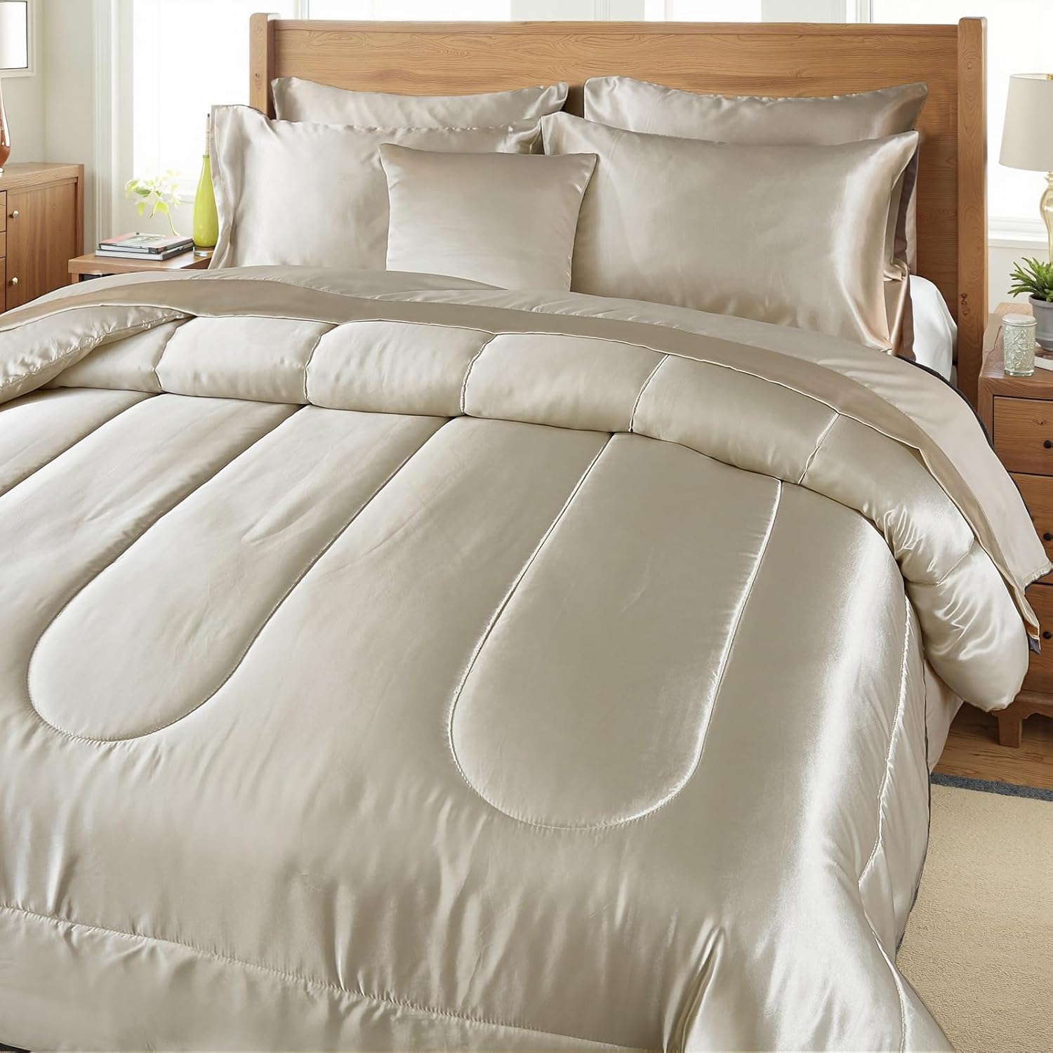 Bedding_Dreamer Beige Silky Comforter Set Satin Queen Bed in a Bag 8 Pieces Luxury Hotel Silky Bedding with 1 Comforter, 1 Flat Sheet, 1 Fitted Sheet, 4 Pillowcases, 1 Cushion Cover (Queen, Beige)