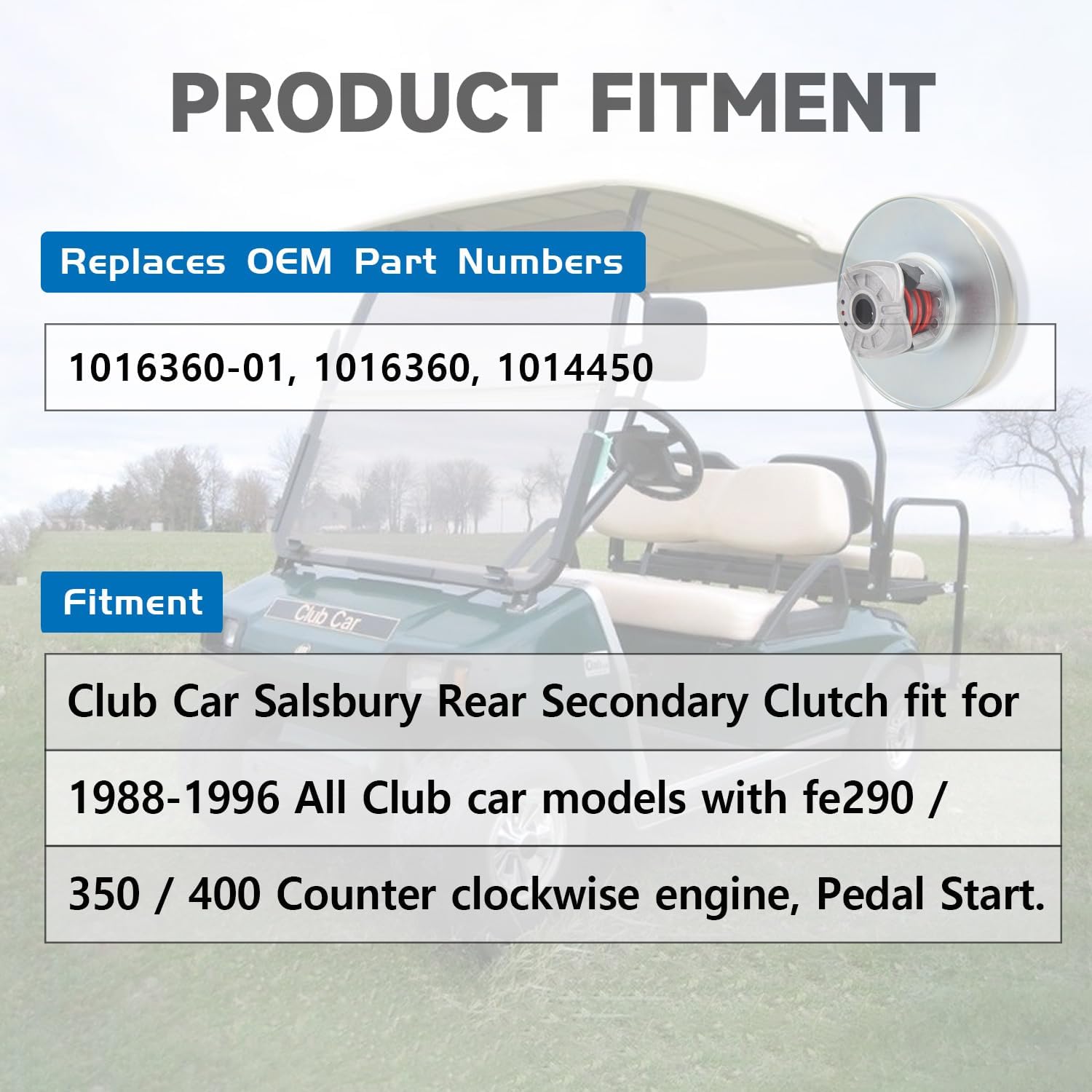 Rear Secondary Clutch with Belt for Club Car 1988-1996 Golf Cart with Fe290 350 400 Counter Clockwise Engine, 1014450, 1016360-01, 101636001