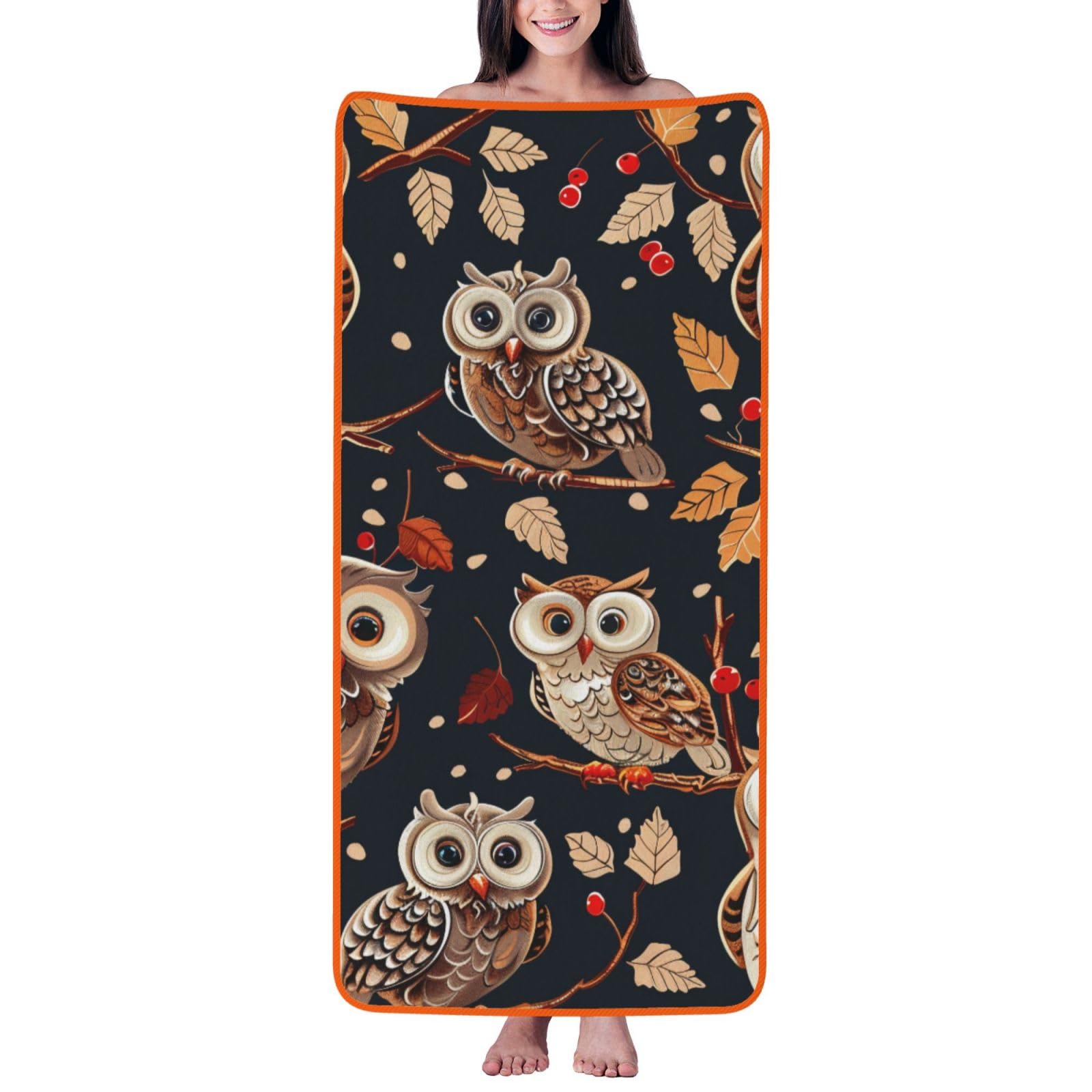 WPKJU Owls on Tree Branche Printed Bath Towel with Orange Edging - 27x55 in Soft Extra Absorbent Coral Velvet Shower Towels for Bathroom