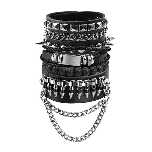 Eigso Leather Punk Rock Cuff Bracelets for Men Women Retro Vintage Chain 80s Wristband Set for Man Woman - 4 Pcs - Chain
