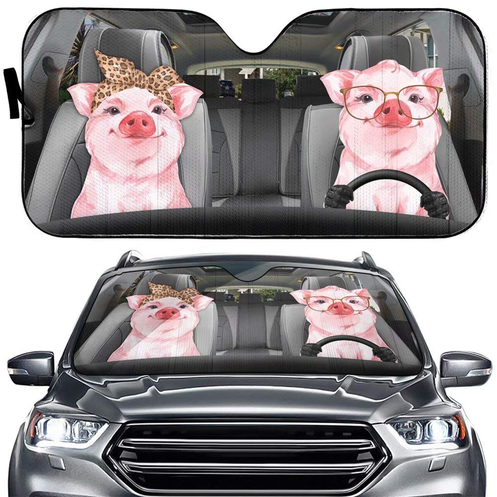 Couple Pig Driver Car Sun Shade Windshield,Farm Animal Auto Front Window Sunshiled Blocks, Foldable Pet Sun Protector Cover Sunshade UV Rays Universal