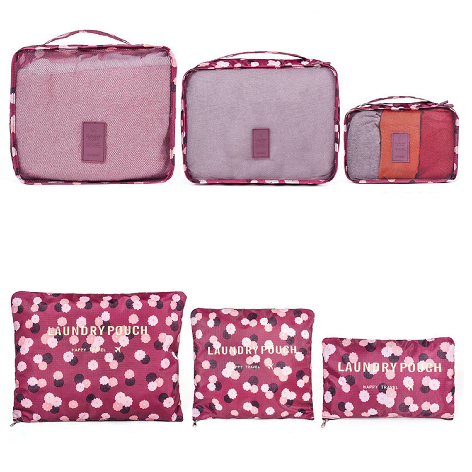 Qxpdd Wine Red Flowers 6Pcs Travel Storage Bag Set For Clothes Tidy Organizer Wardrobe Suitcase Pouch Travel Organizer Bag Case Shoes Packing Cube Bag Travel Accessories,