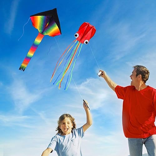 Miniatura 6 de Paquete de 2 cometas – Cometa grande de arcoíris y pulpo molusco rojo con cola larga colorida para niños, juegos al aire libre, actividades, viaje a