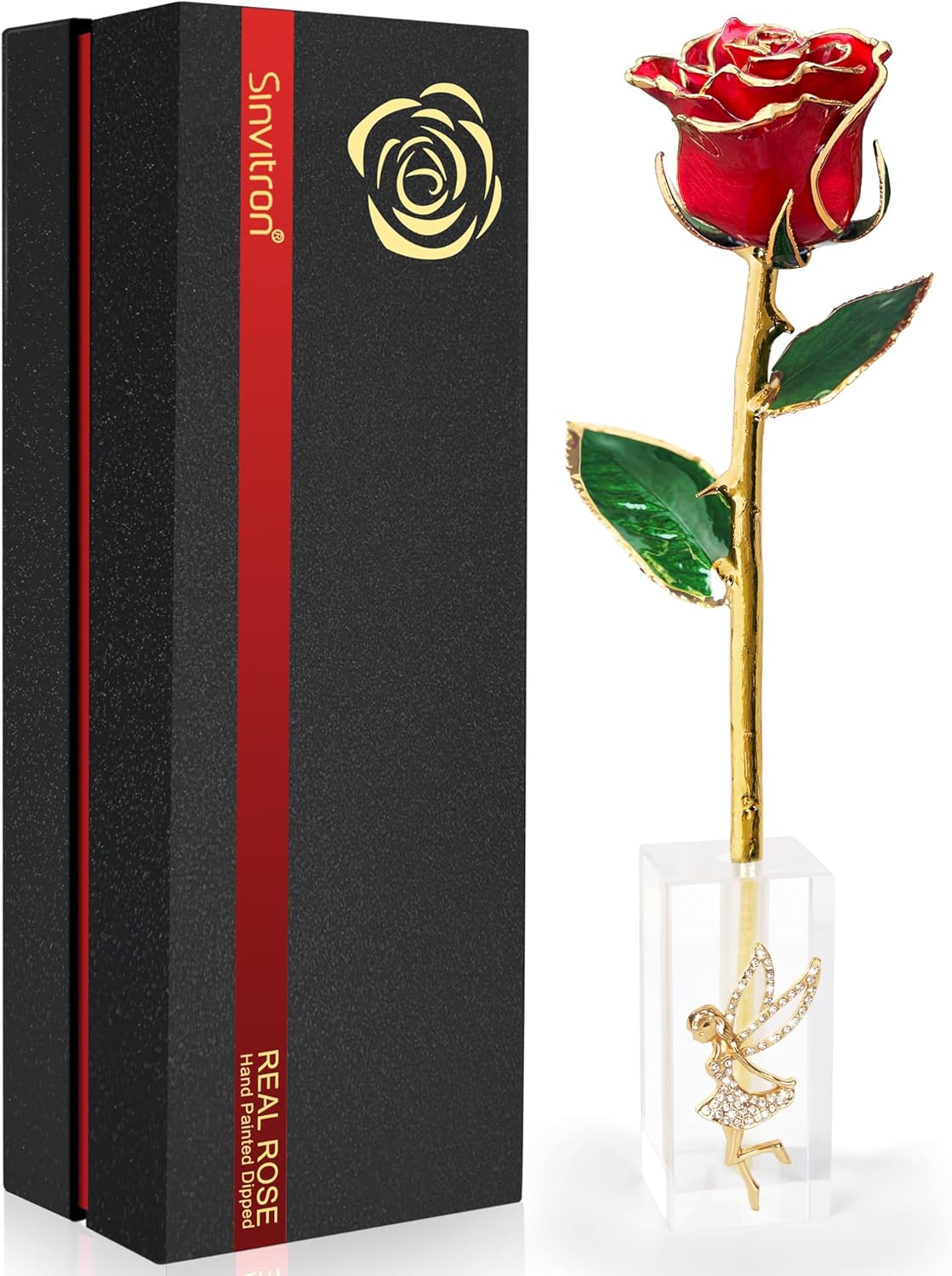 Sinvitron Gold Dipped Rose – Eternal Real Preserved Rose in Resin, Romantic Birthday Gift for Women, Perfect for Her on Valentines Day, Anniversary Mother’s Day (Red)