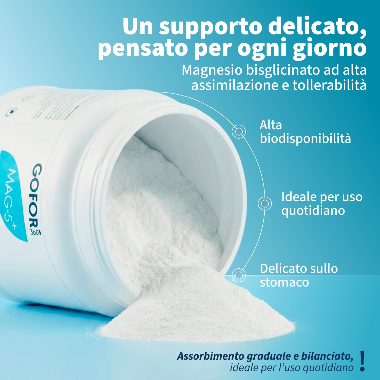 GOFOR360 MAG 5+ Magnesio Bisglicinato in Polvere — Formula con Vitamina B6 e C – Magnesio in Polvere per Stanchezza Muscoli e Rilassamento – 300 g