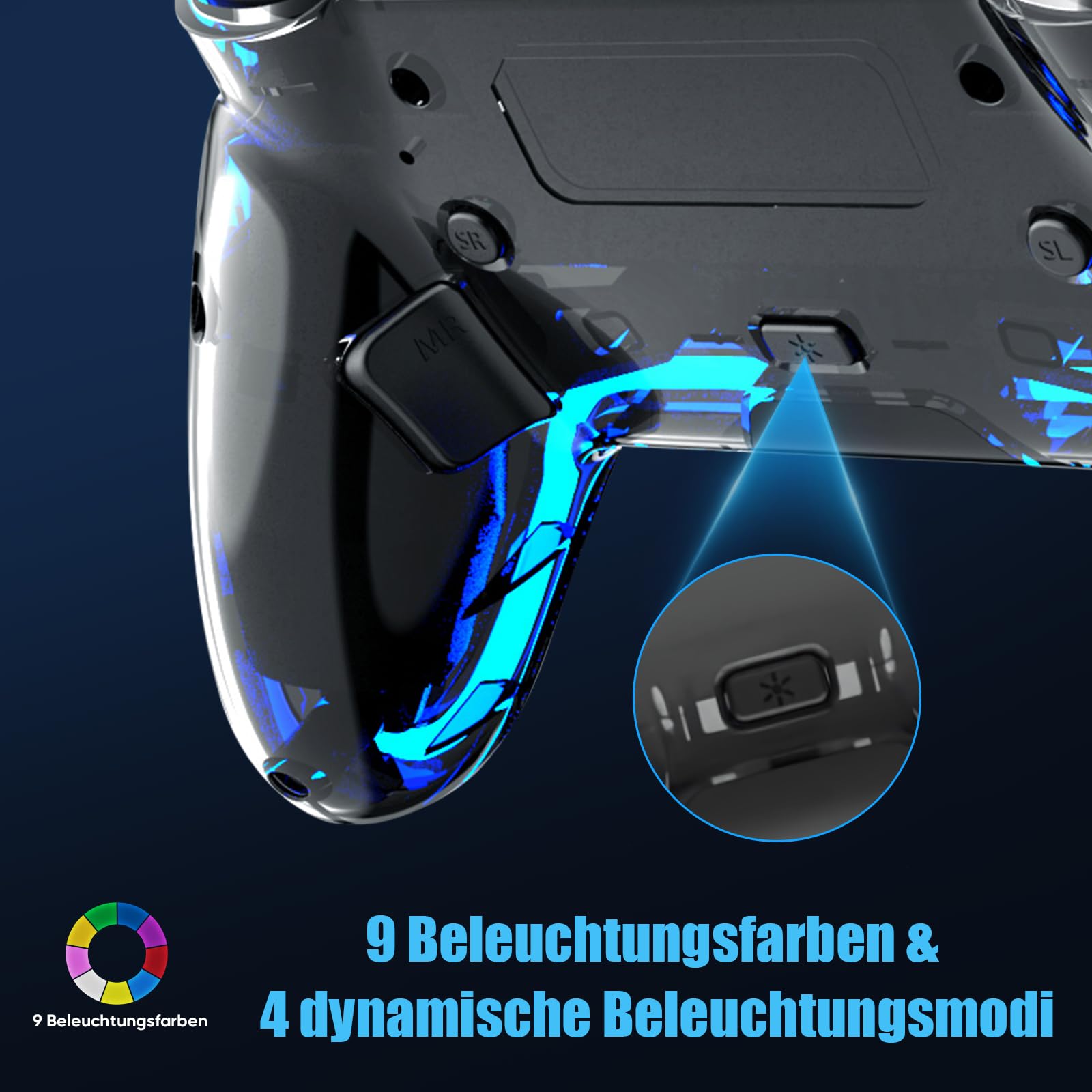 BETMI Wireless Controller für PS5, Pro/Slim/MAC/Steam Deck/PC, Hall-Effekt-Joystick, Doppelvibration/Makro/Turbo, 6-Achsen, RGB-LED dynamische Farbwechsel Cool Glow Licht mit Lautsprecher