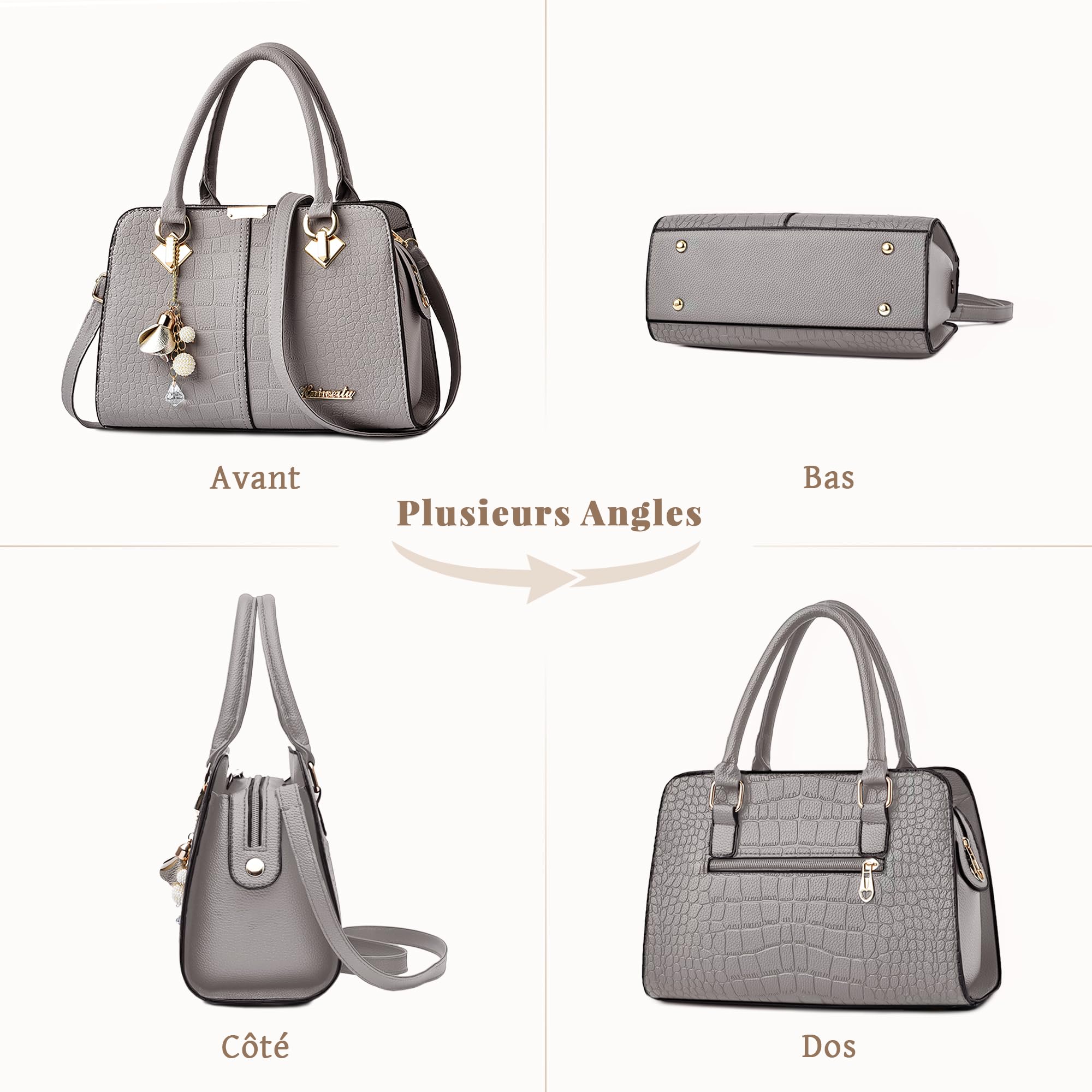 Sac a Main Femme Mode Sacs à Main Portés Epaule Cuir PU Sac Bandoulière Cabas Élégant Sac Fourre Tout pour Voyage Travail Quotidien Gris A