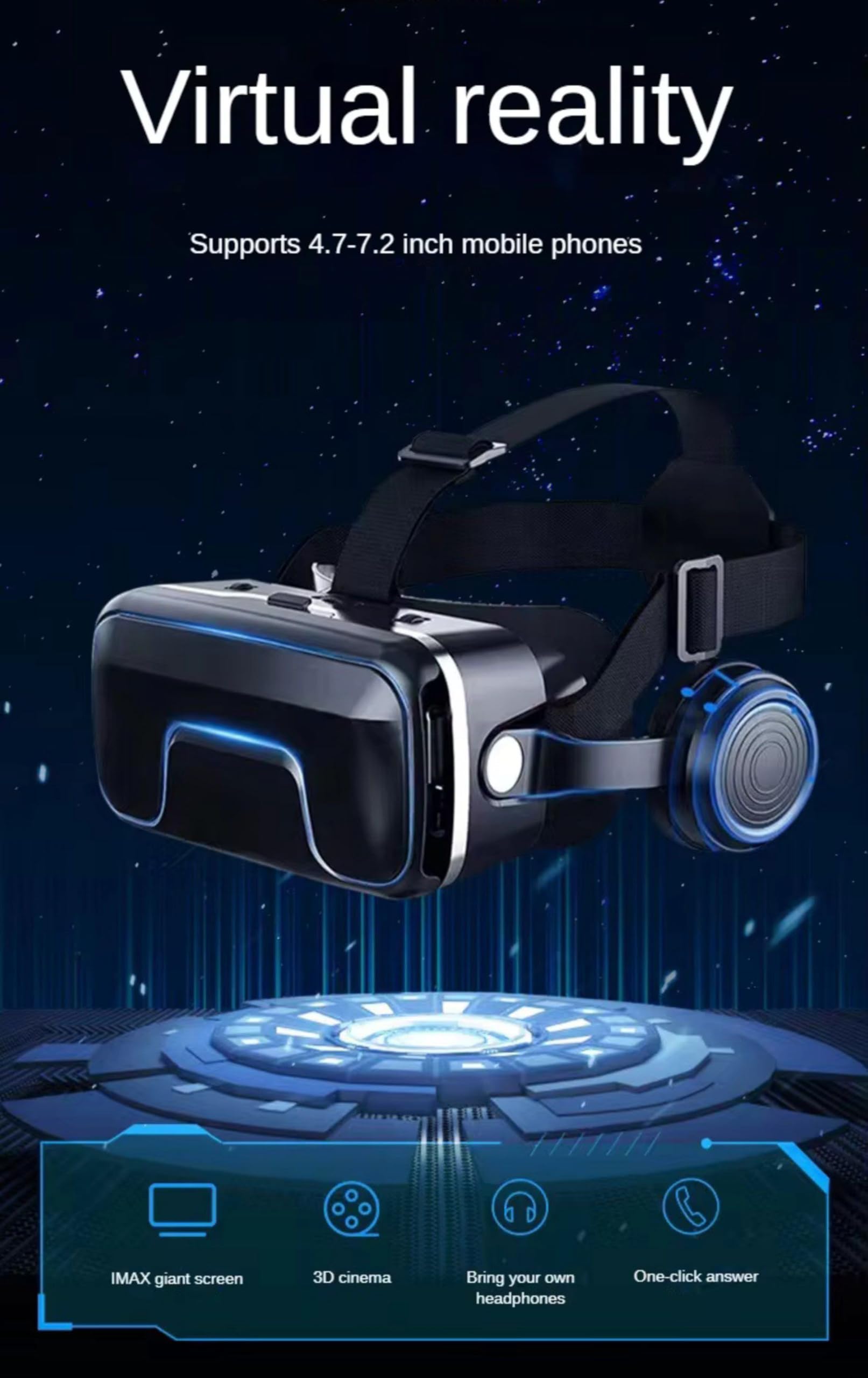 Occhiali per realtà virtuale con cuffie, occhiali universali per realtà virtuale per smartphone iOS Android Windows da 5 a 7,2 pollici, per riprodurre film e videogiochi 3D, colore nero (per telefono
