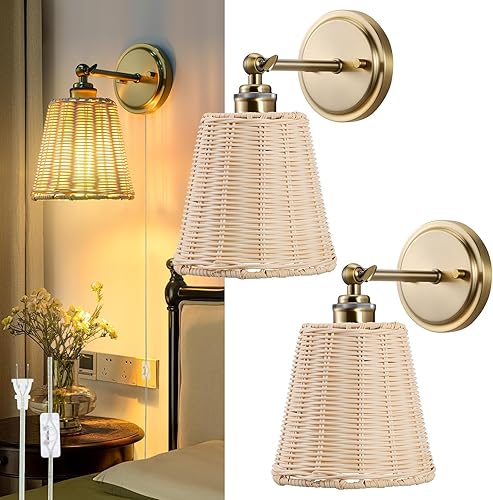 Miniatura 1 de Juego de dos apliques de pared de ratán, pantalla de mimbre tejida a mano, lámpara de pared para interiores, juego de apliques bohemios para